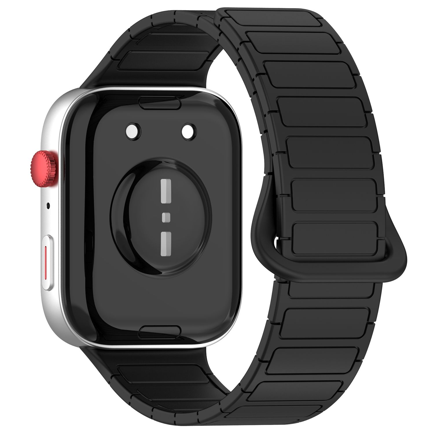 Die Rückseite einer silbernen Apple Watch mit einem schwarzen Magnetband.