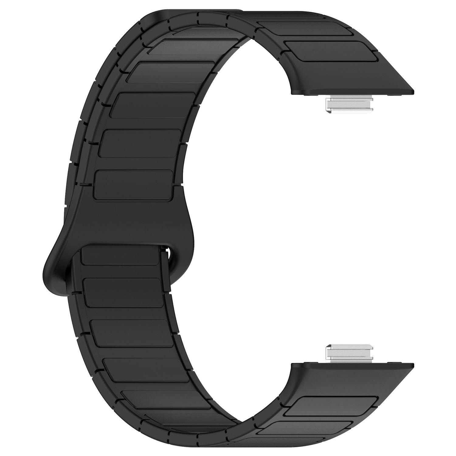 Schwarzes Uhrenarmband mit segmentiertem Design.