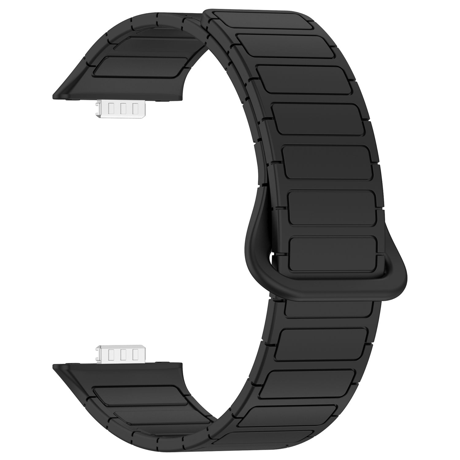 Schwarzes Uhrenarmband mit rechteckigen Gliedern und einer Schnalle.