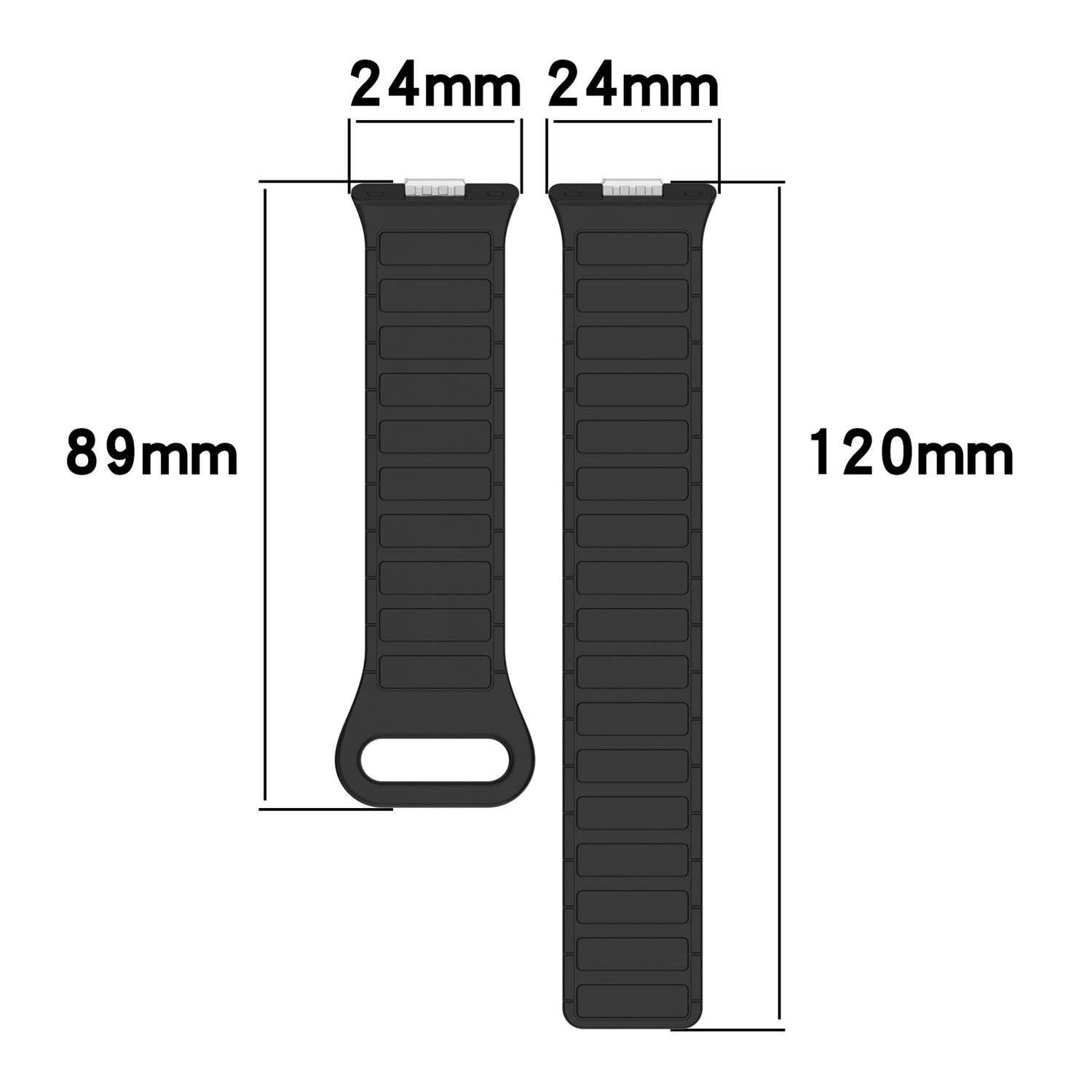 Schwarze Uhrenarmbänder mit Maßen: 89 mm, 120 mm, 24 mm und 24 mm.