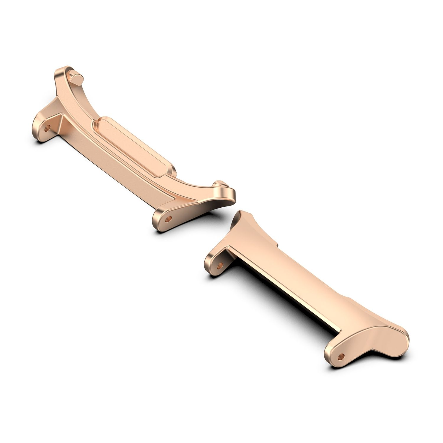 Zwei roségoldene Uhrenarmbandverbinder auf weißem Untergrund.