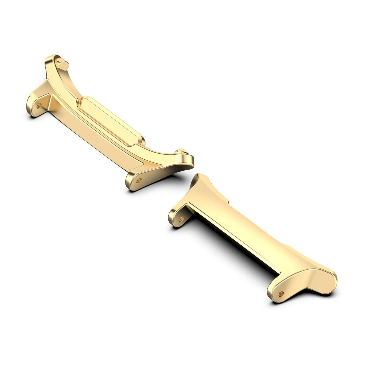 Zwei goldfarbene Metallstücke, möglicherweise Teile eines Armbands, isoliert auf weißem Hintergrund.