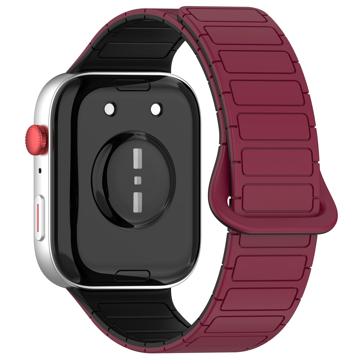 Apple Watch mit burgunderfarbenem Armband, die Rückseite der Uhr ist abgebildet.