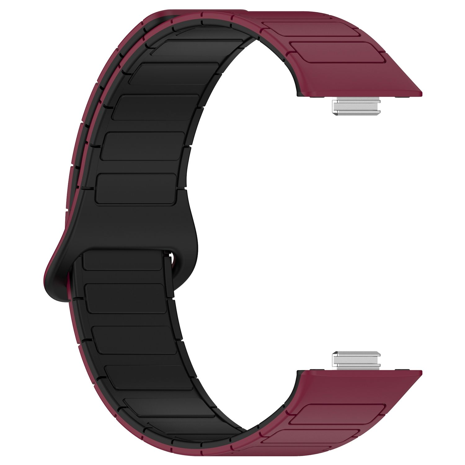 Ein weinrotes und schwarzes Uhrenarmband. Es hat ein gebogenes Design mit einem Metallverschluss zur Befestigung.