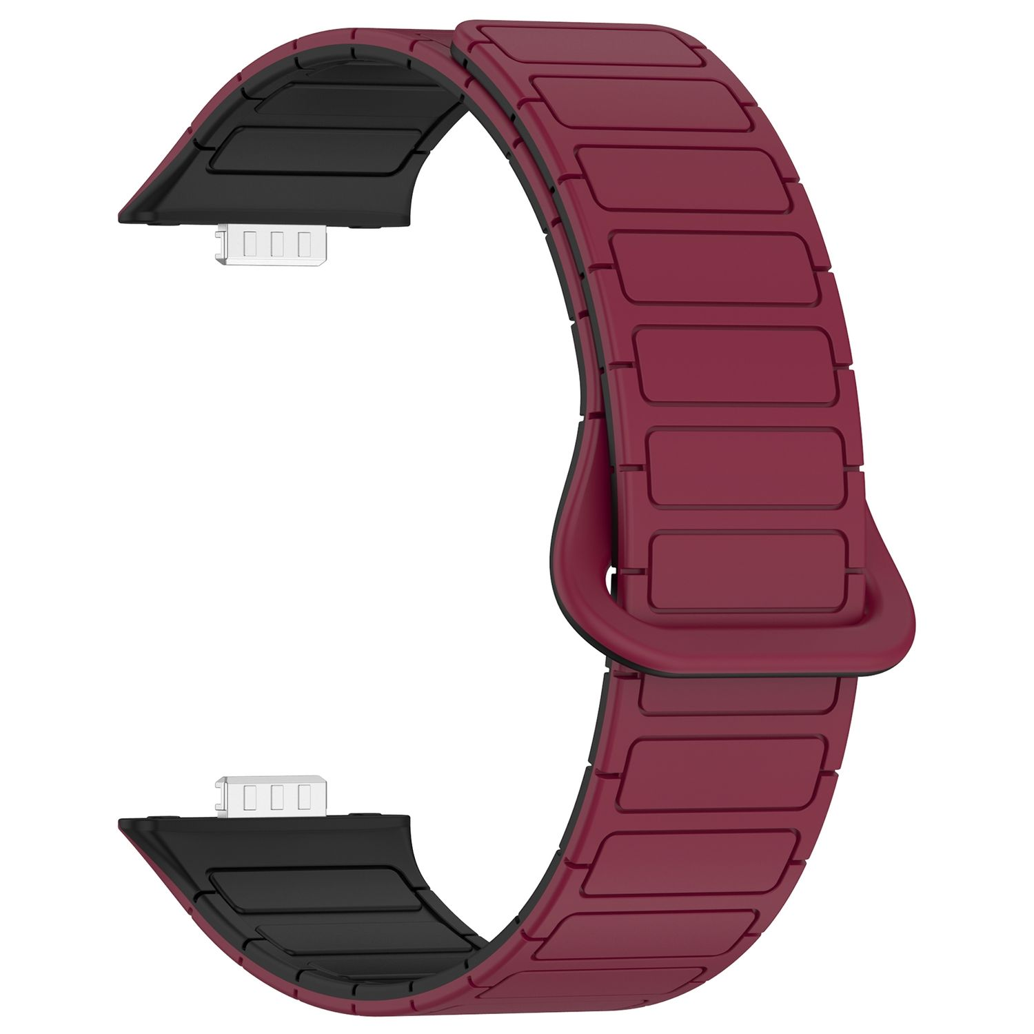 Ein rotes Uhrenarmband. Es ist segmentiert und hat einen Magnetverschluss.