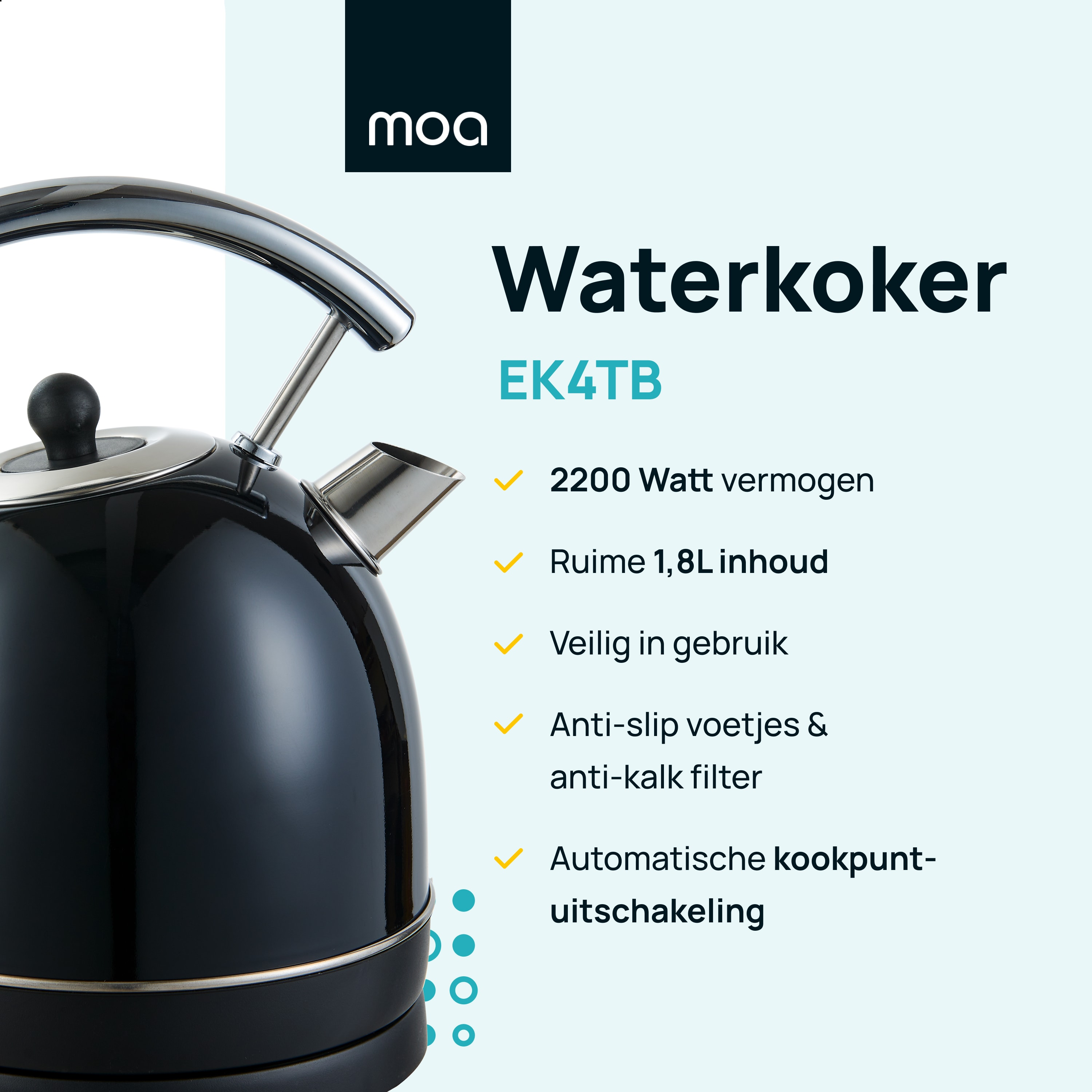 Zwarte waterkoker met tekst 'Waterkoker'. Functies: 2200W, 1,8L capaciteit en anti-slip voetjes.