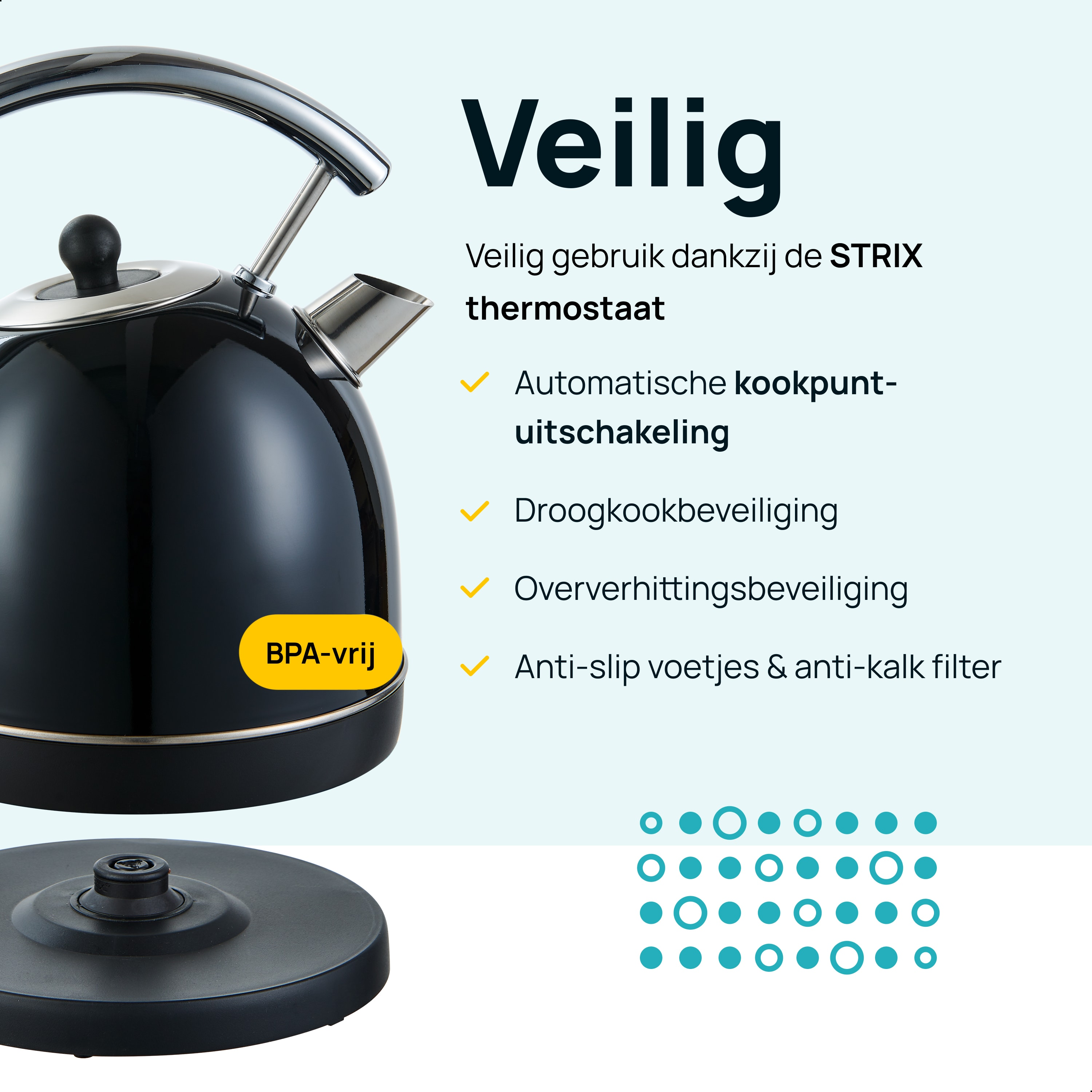Zwarte waterkoker met BPA-vrij label en een standaard, met opsommingstekens en tekst.