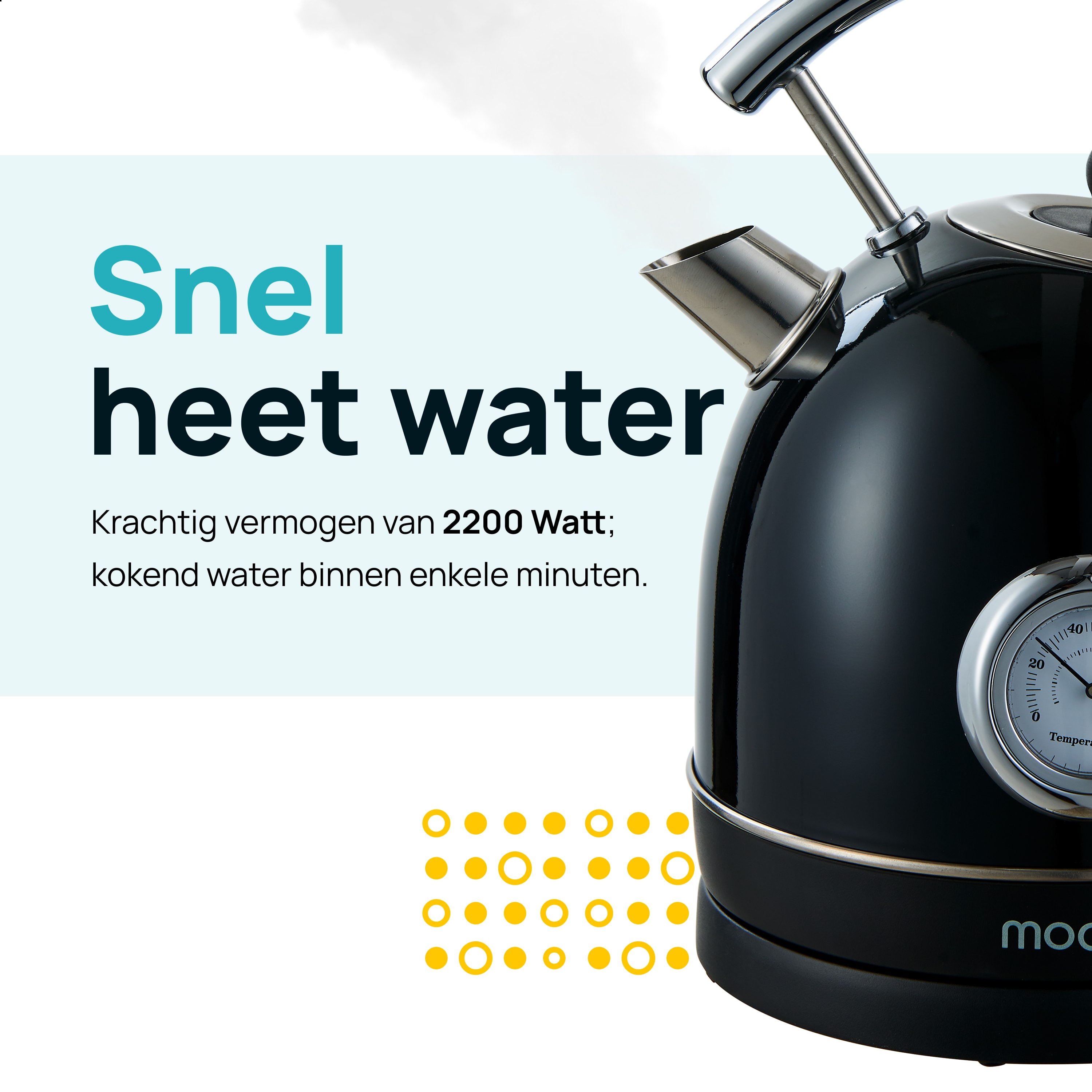 Zwarte waterkoker met tekst en grafische elementen, promoot snel opwarmen op witte achtergrond.