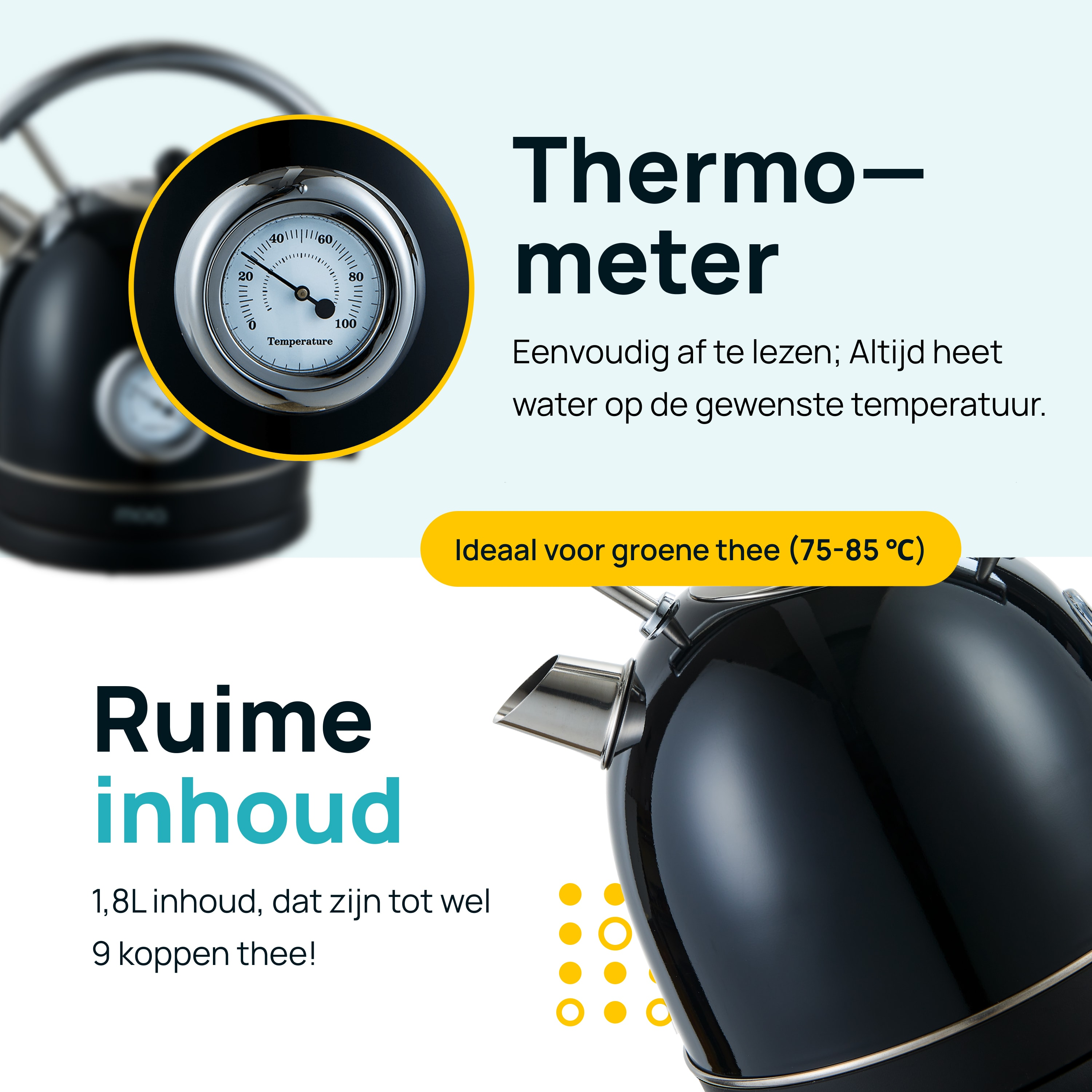 Zwarte waterkoker met thermometer. Tekst: Thermometer. Info: Ideaal voor groene thee (75-85°C).