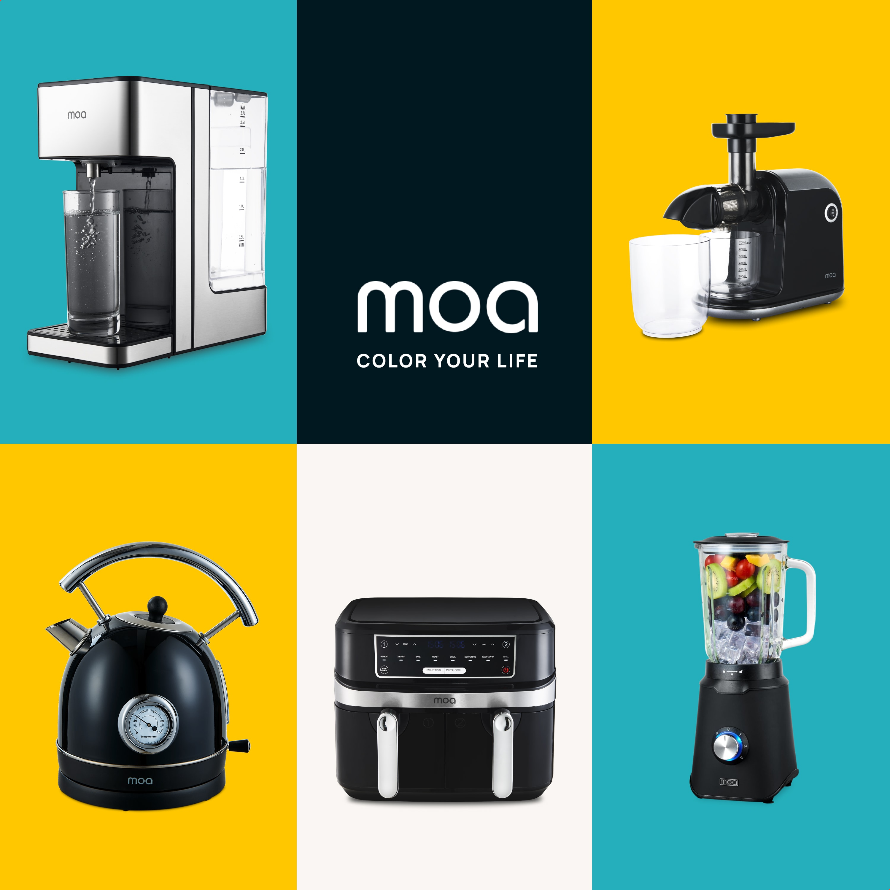 Een collage van keukenapparaten, waaronder een waterdispenser, een blender en een waterkoker.