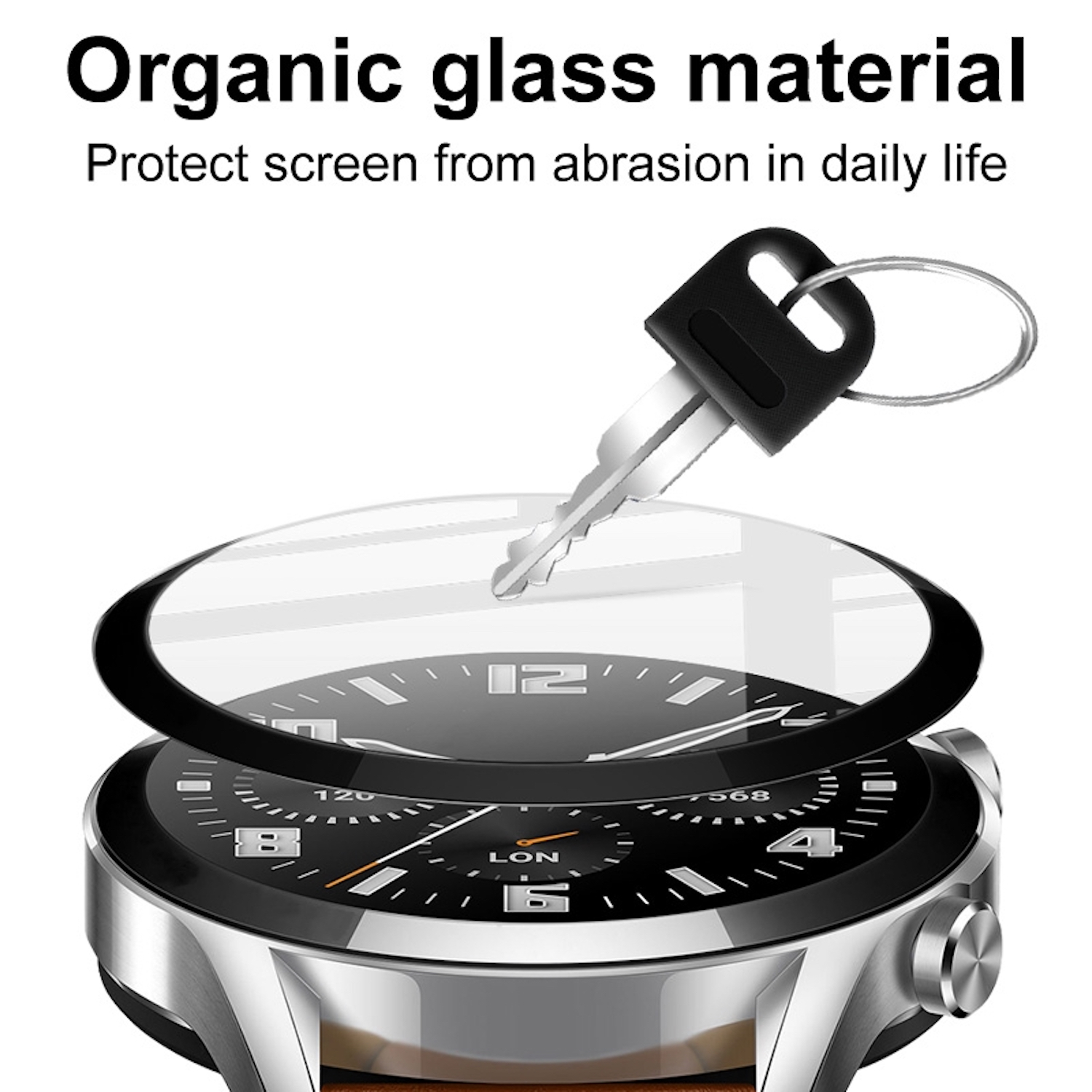 Smartwatch mit Schutzbildschirm und Schlüssel, zeigt Kratzfestigkeit.