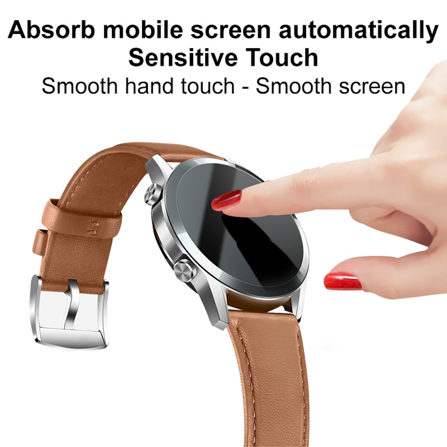 Armbanduhr mit braunem Lederarmband, Finger berührt den Bildschirm.