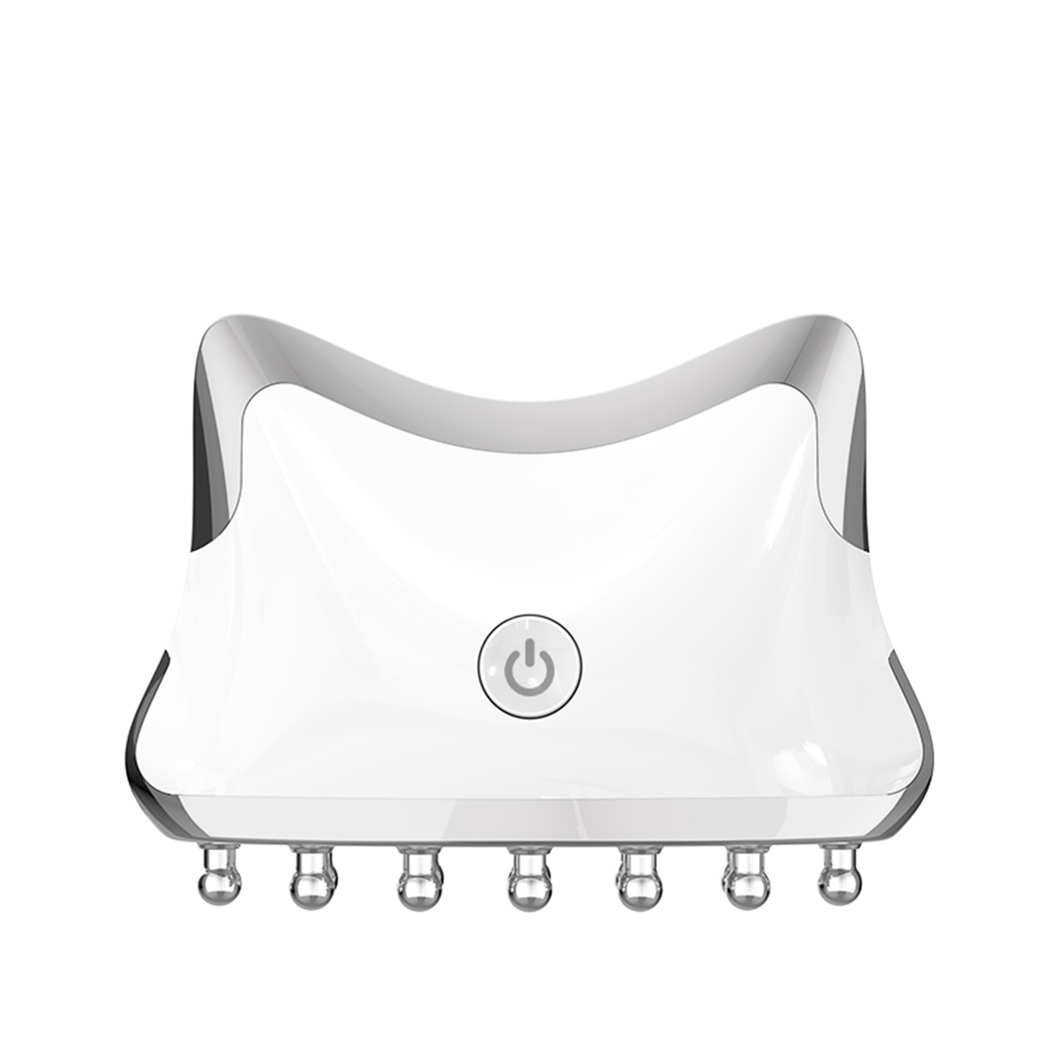 Dispositivo blanco de tratamiento facial con borde plateado y múltiples puntos de contacto.