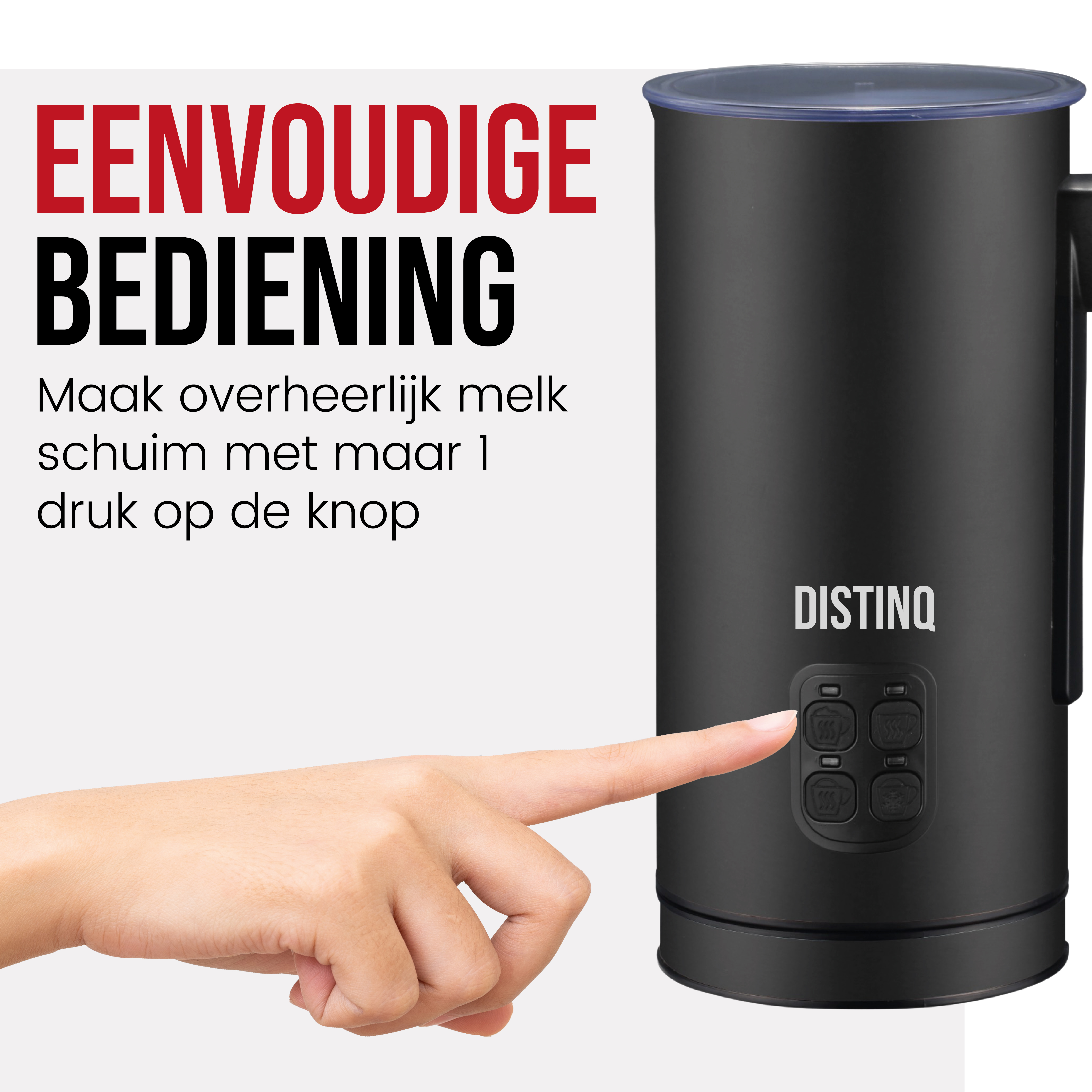 Black milk frother. A finger presses a button. Text: Easy operation. Make delicious milk foam.