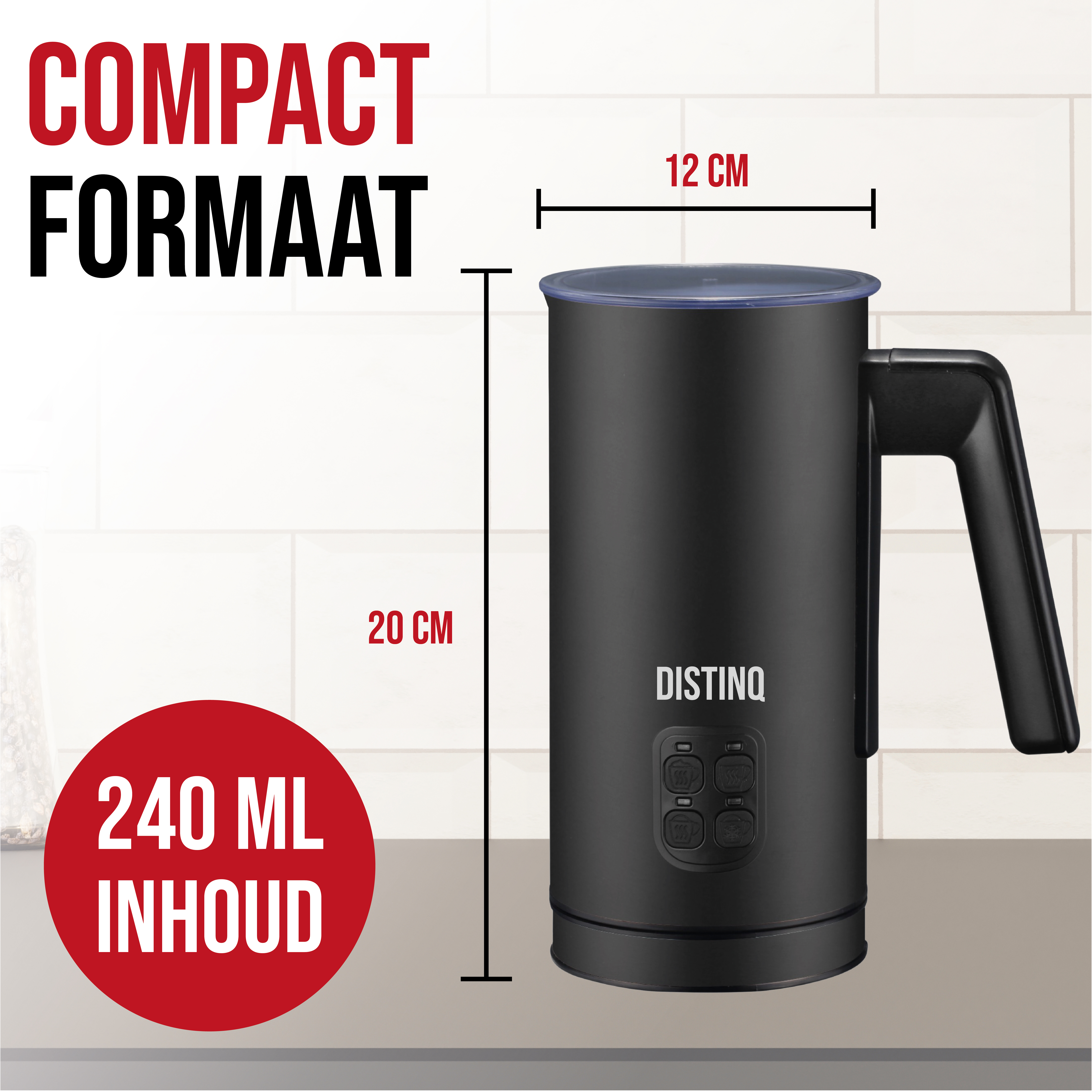 Black milk frother with white text and a blue lid. Dimensions are shown. White background.