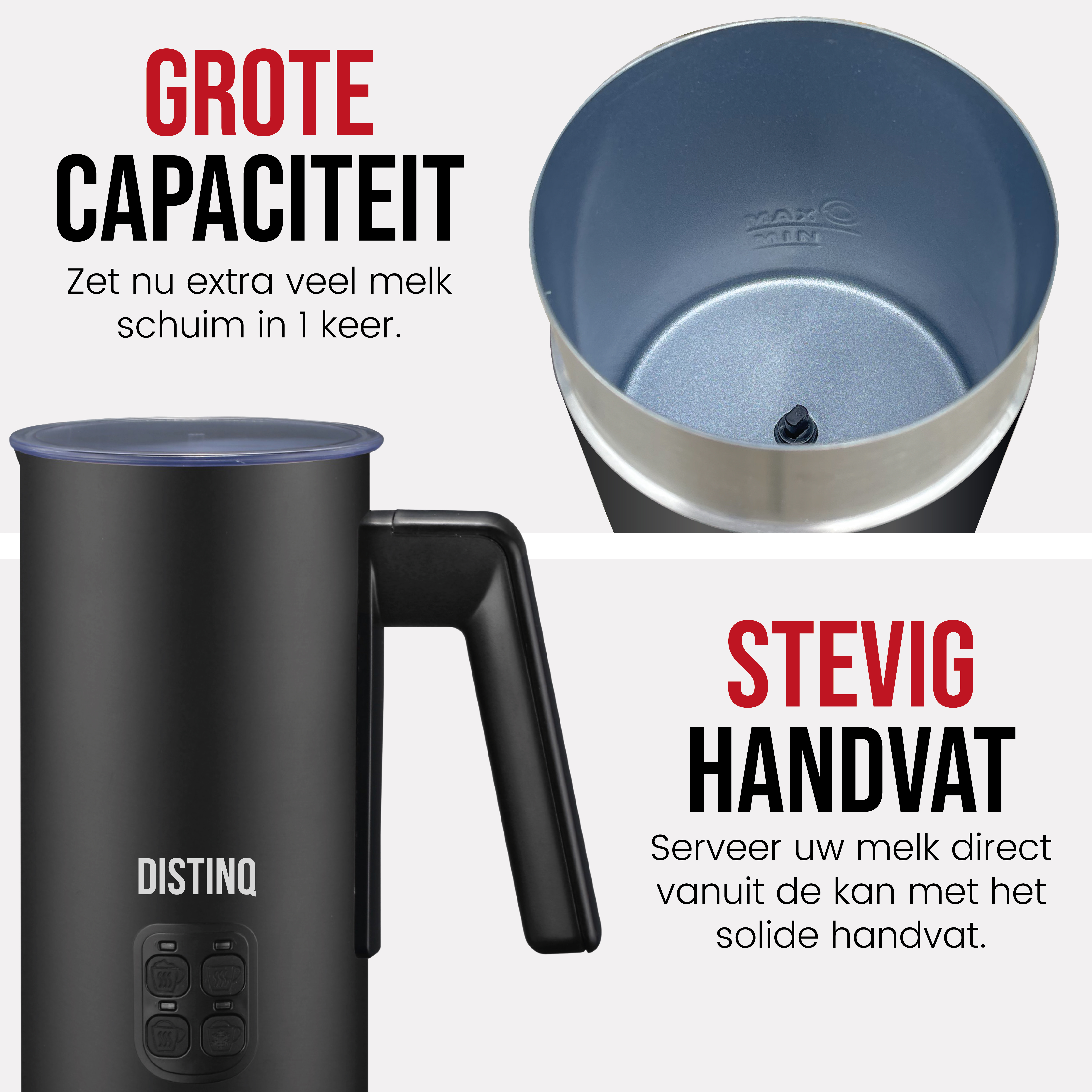 Black milk frother with text 'DISTINQ'. Includes a large capacity and a sturdy handle for serving.