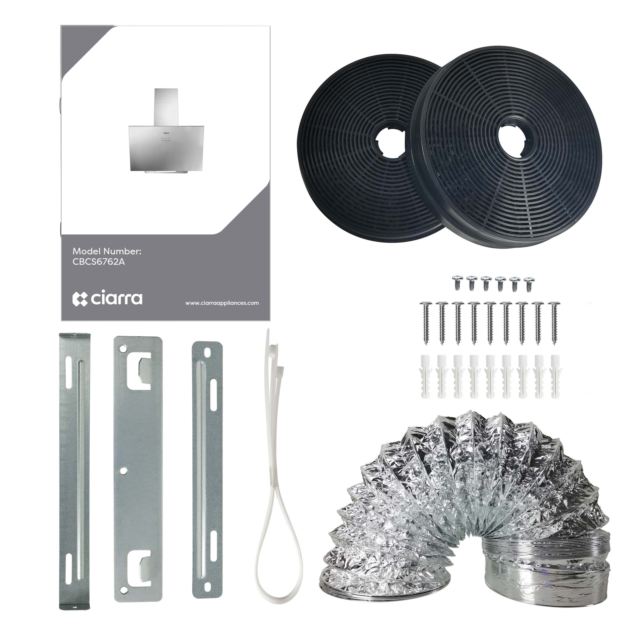 Various components for a kitchen hood installation, including a hood, filters, and mounting hardware.