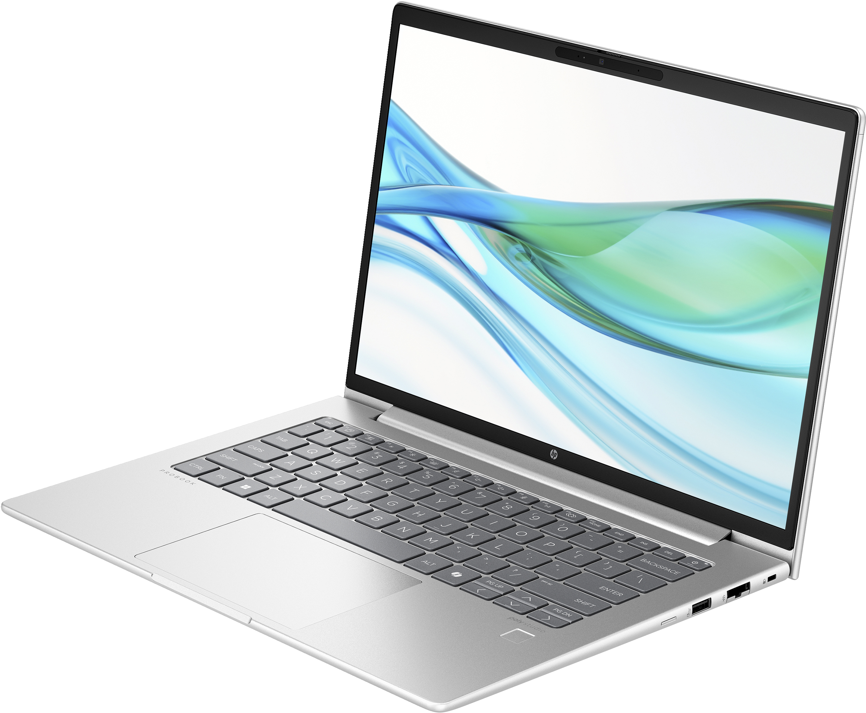 Un laptop argentato con tastiera nera su sfondo bianco. Lo schermo mostra una grafica blu e verde.