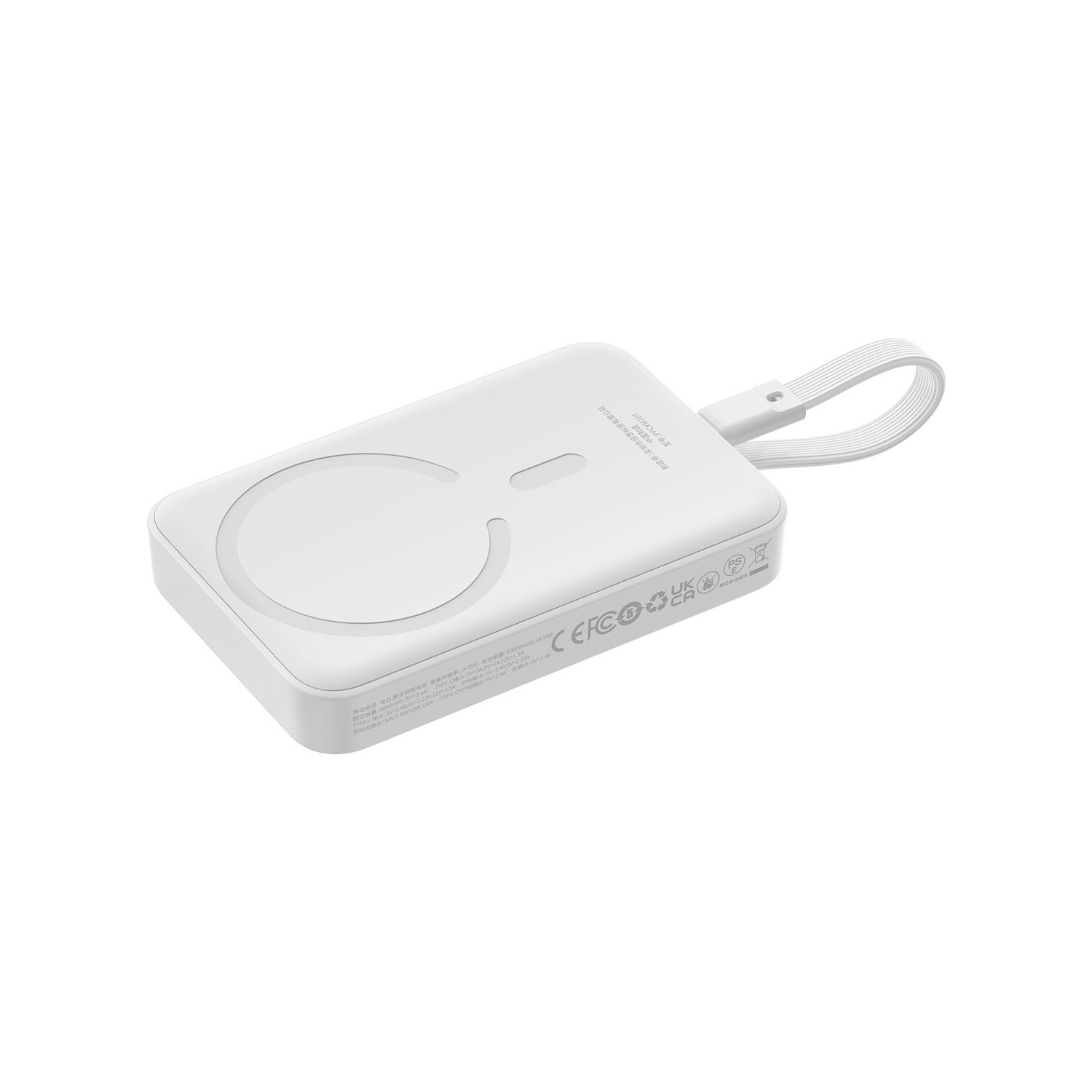 Weißes kabelloses Ladegerät mit Schlaufe. Das Ladegerät hat einen MagSafe-Kreis.
