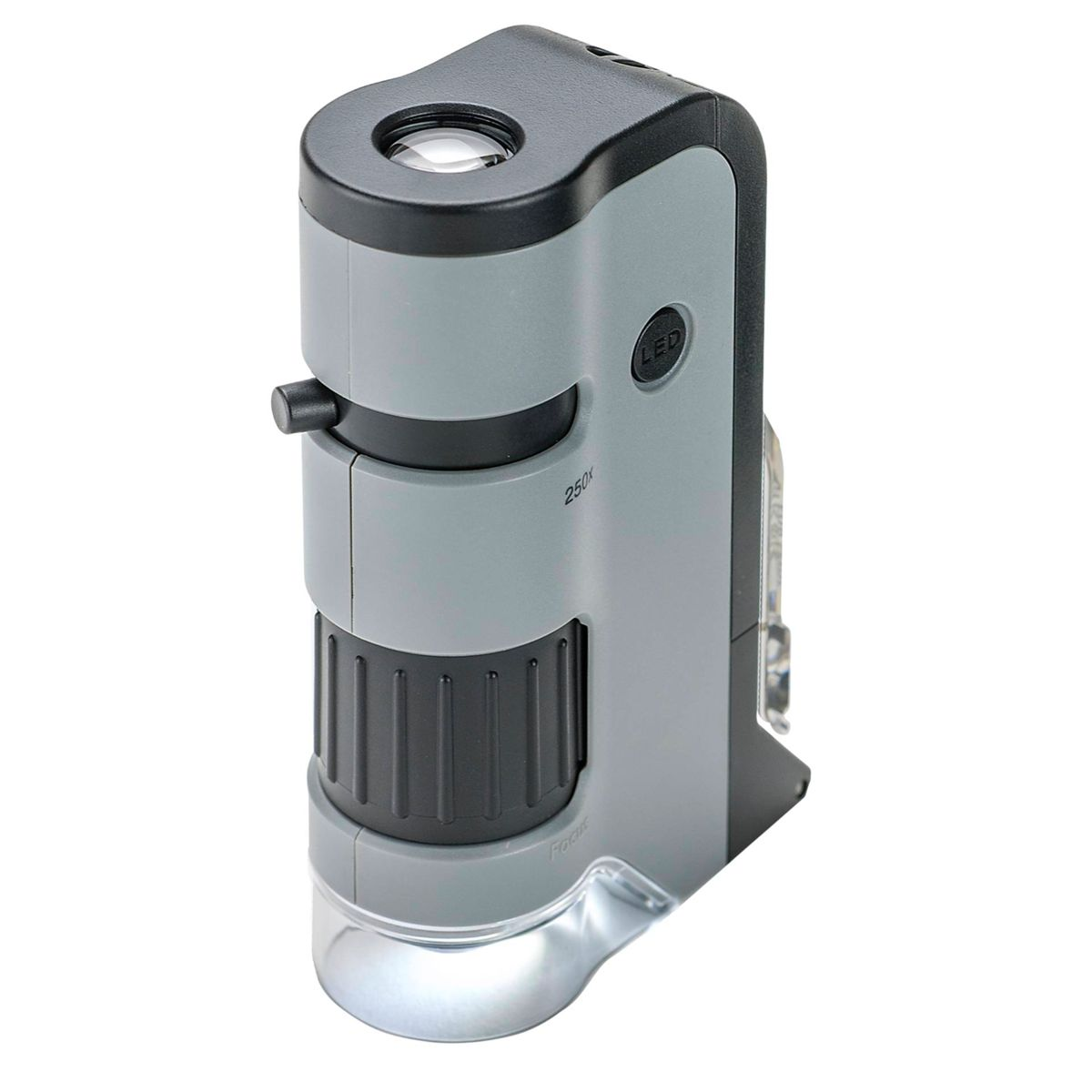 Een draagbare 250x microscoop met LED-licht en scherpstelknop.