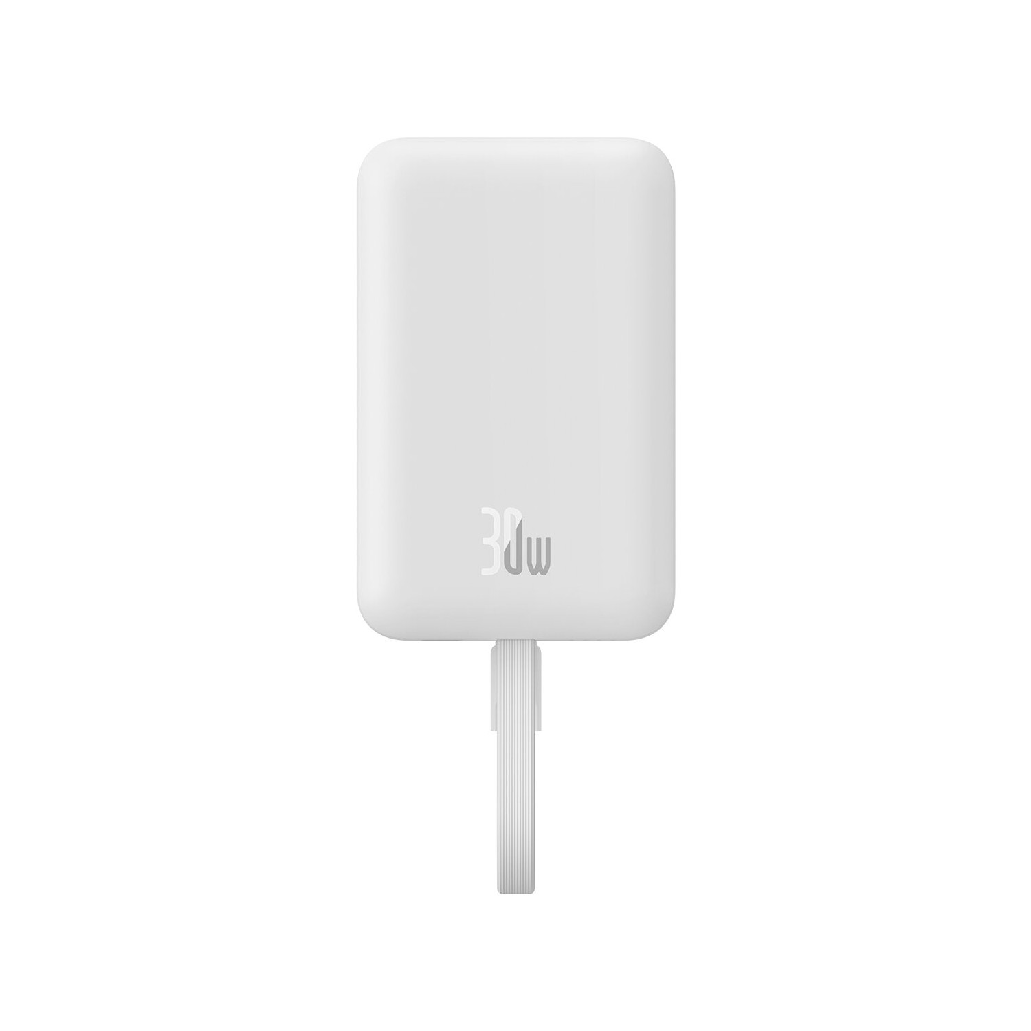 Weißes Netzteil mit USB-C-Kabel auf weißem Hintergrund.