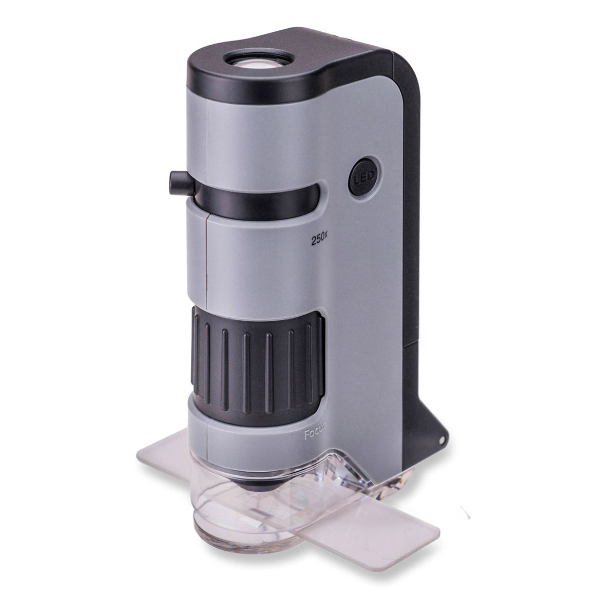 Grijze en zwarte 250x digitale microscoop met LED-lampje en scherpstelwiel.