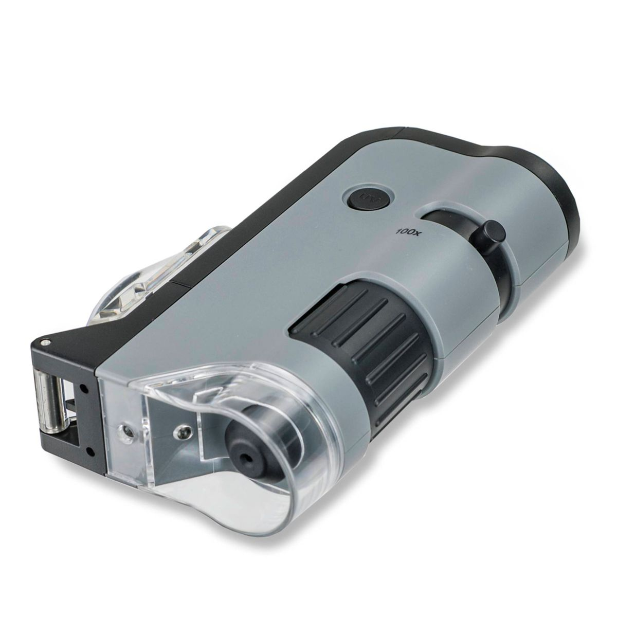Grijze en zwarte digitale microscoop met 100x vergroting en LED-licht.