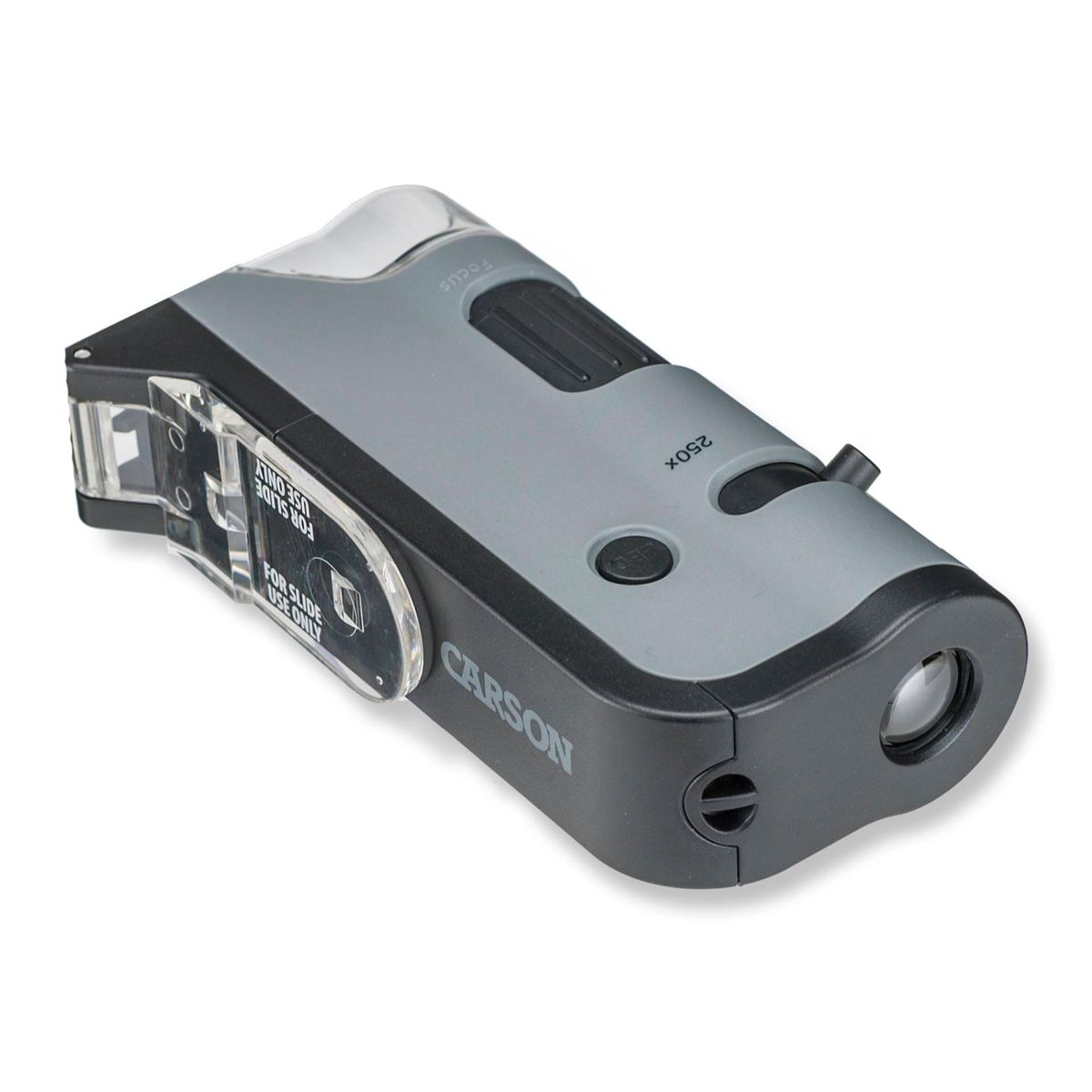 Grijze en zwarte Carson microscoop met 250x vergroting, scherpstelknop en LED-licht.
