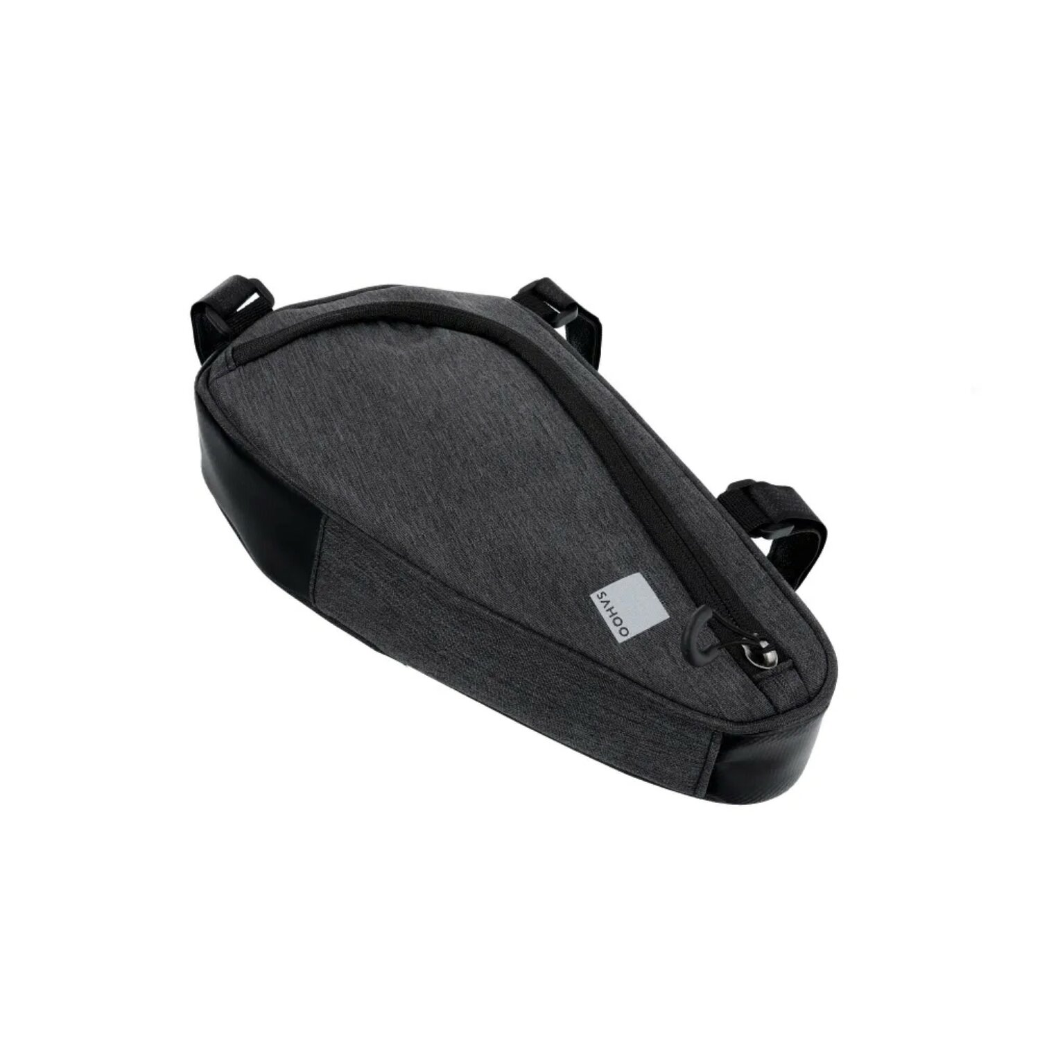 Eine graue Fahrradtasche mit schwarzem Boden, mit dem SAHOO-Logo und einem Reißverschluss.