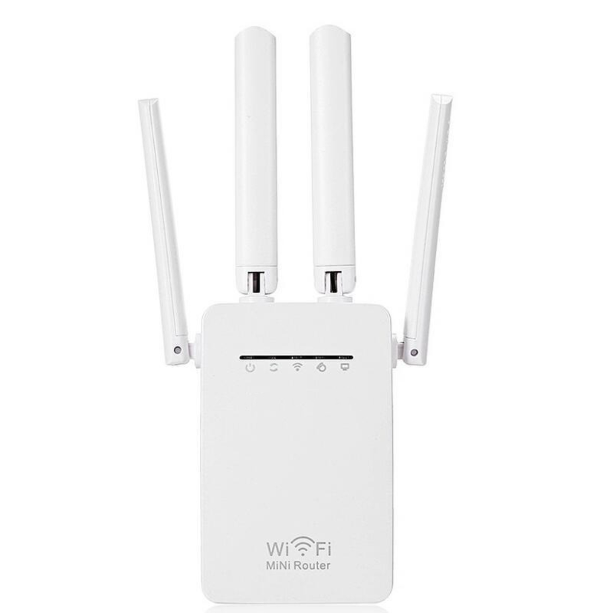 Weißer Wi-Fi Mini-Router mit zwei Antennen und vier Kontrollleuchten oben.