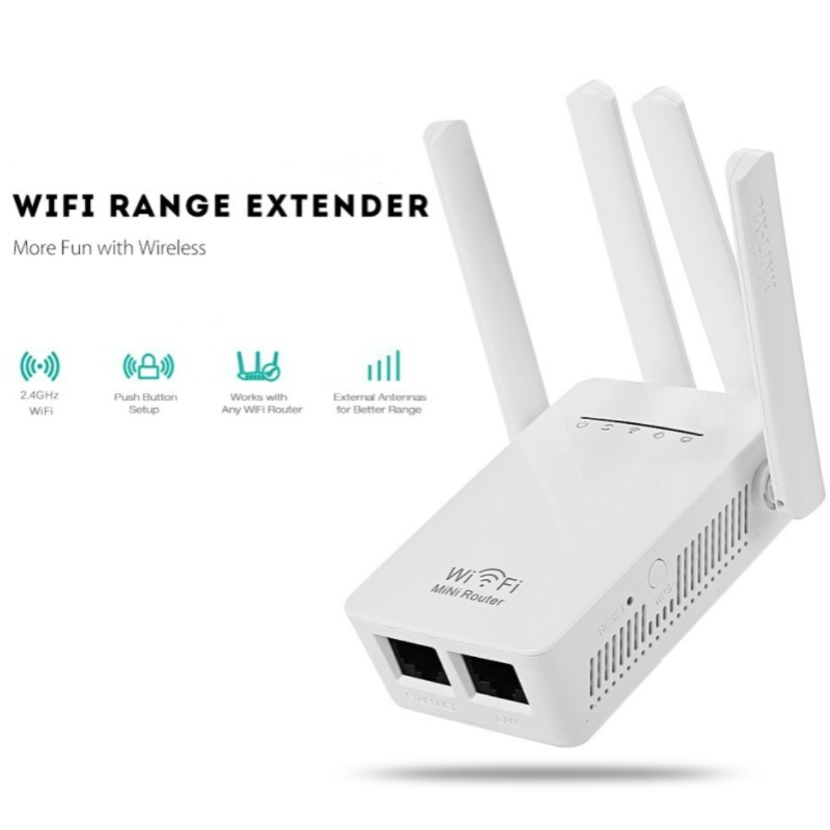 Ein weißer WLAN-Repeater mit drei Antennen. Er hat zwei Ethernet-Anschlüsse und ist als Mini-Router gekennzeichnet.
