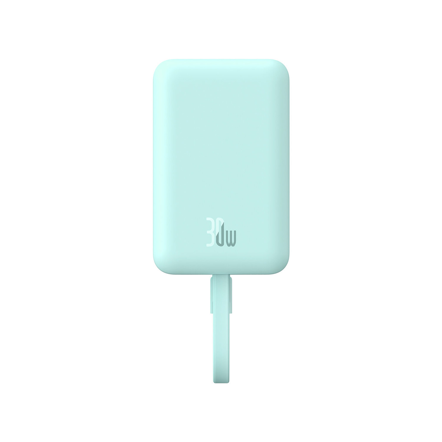 Caricabatterie blu chiaro da 30 W con cavo. Sfondo bianco.