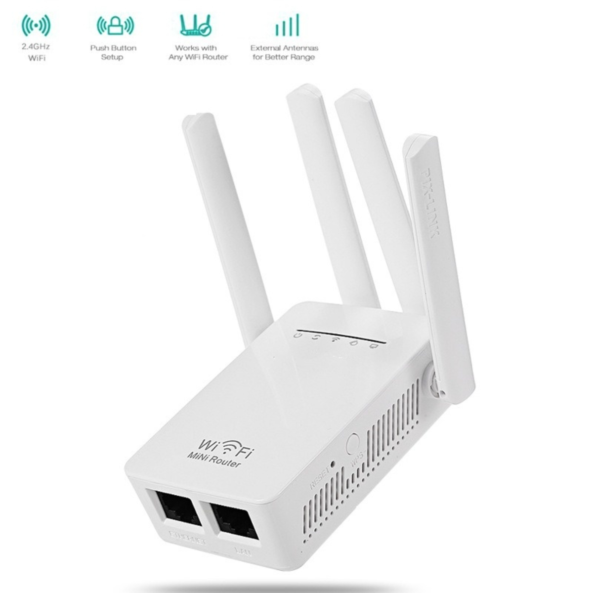 Weißer WiFi-Mini-Router mit drei Antennen, Ethernet-Anschlüssen und Einrichtungstasten.