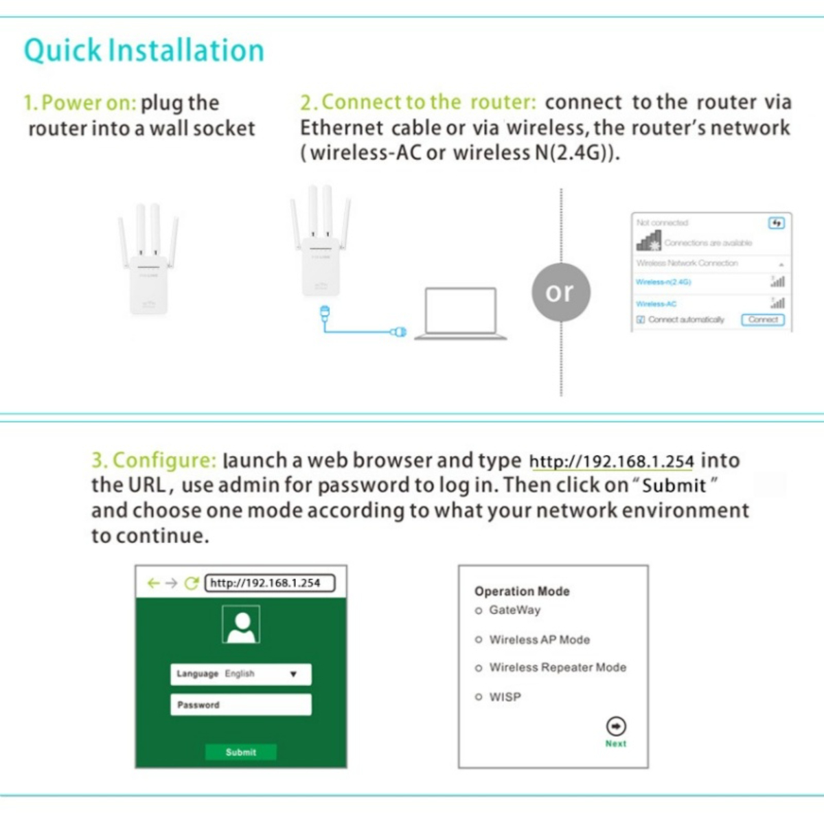 Diagramm eines Router-Einrichtungsprozesses mit drei Schritten. Es umfasst einen Router, einen Laptop und eine Verbindung.