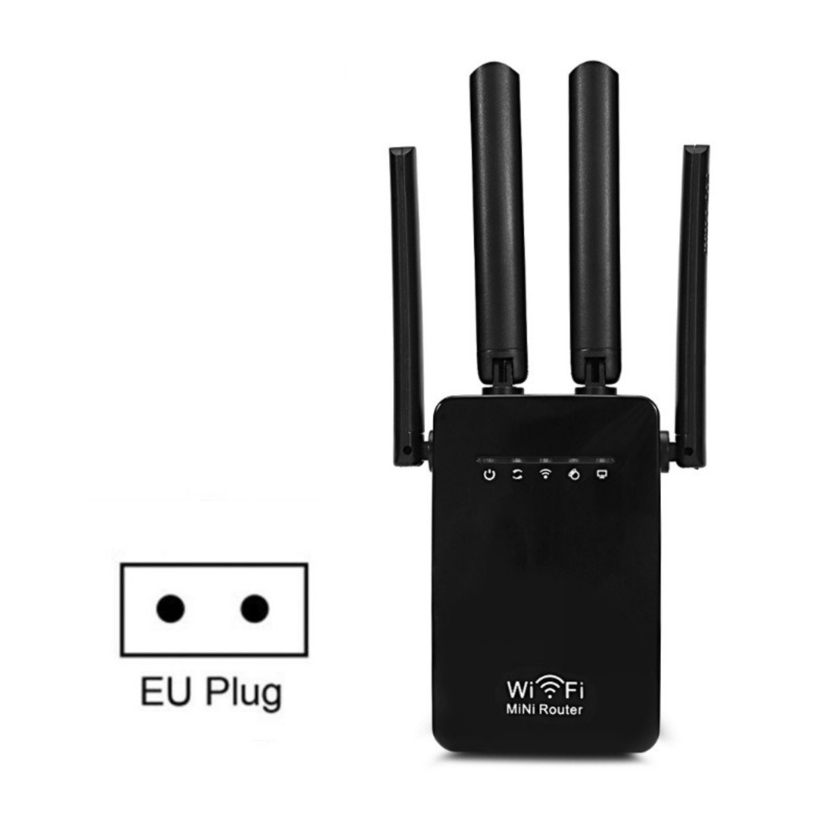 Schwarzer WiFi-Mini-Router mit Antennen und einem EU-Steckersymbol auf weißem Hintergrund.