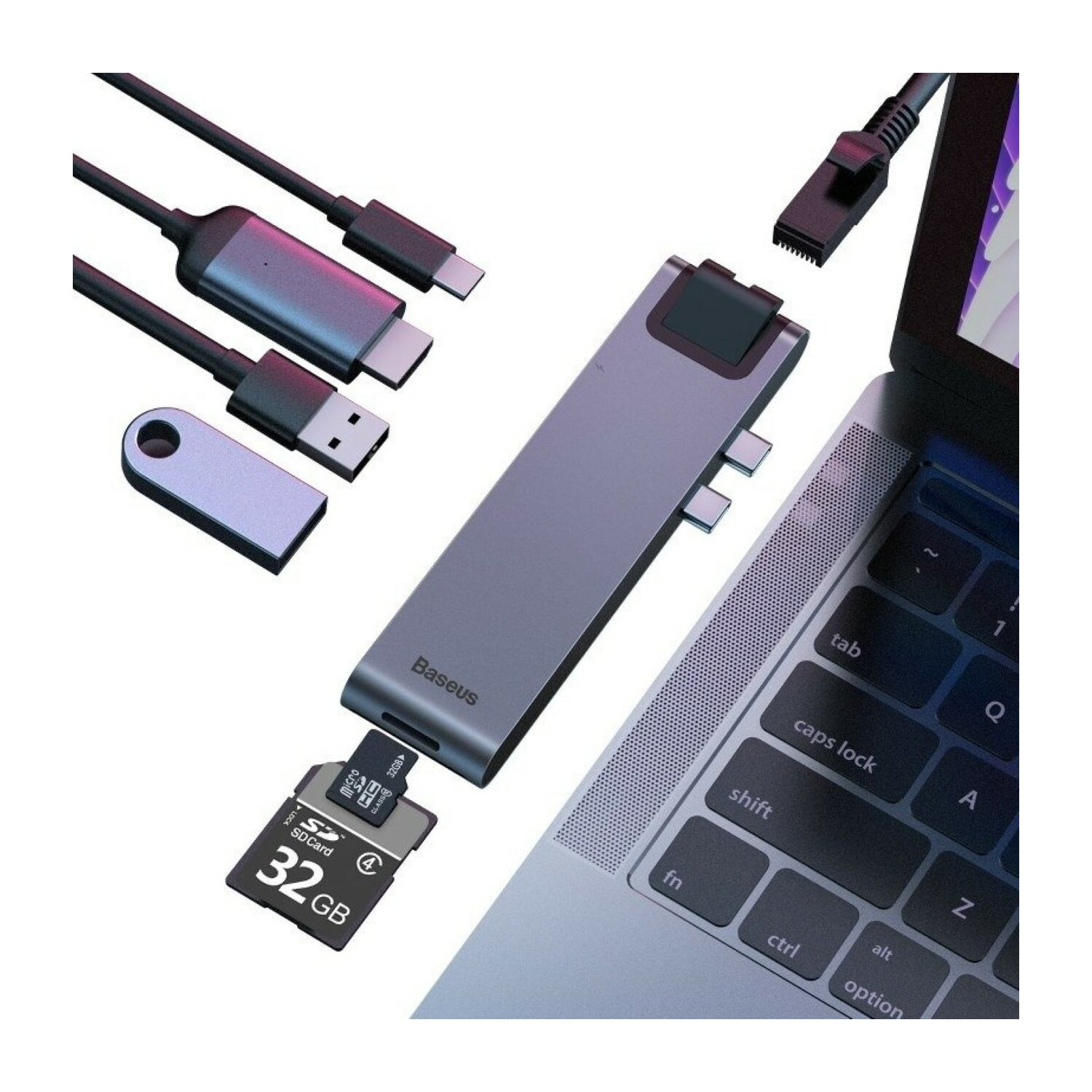 Un laptop con un hub collegato, USB, scheda SD e cavo Ethernet.