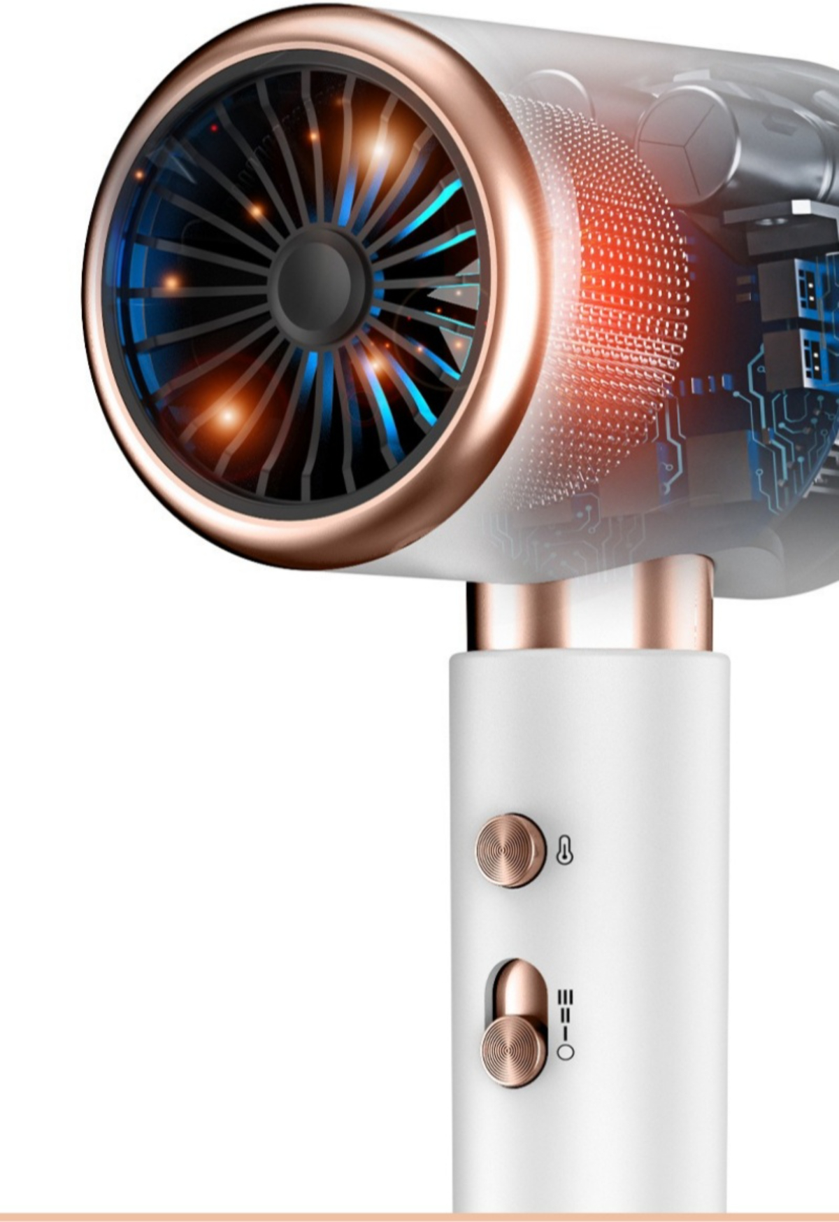 Ein weißer Haartrockner mit einem transparenten Teil, der den Ventilator und die internen Komponenten zeigt. Der Griff hat Bedienknöpfe.