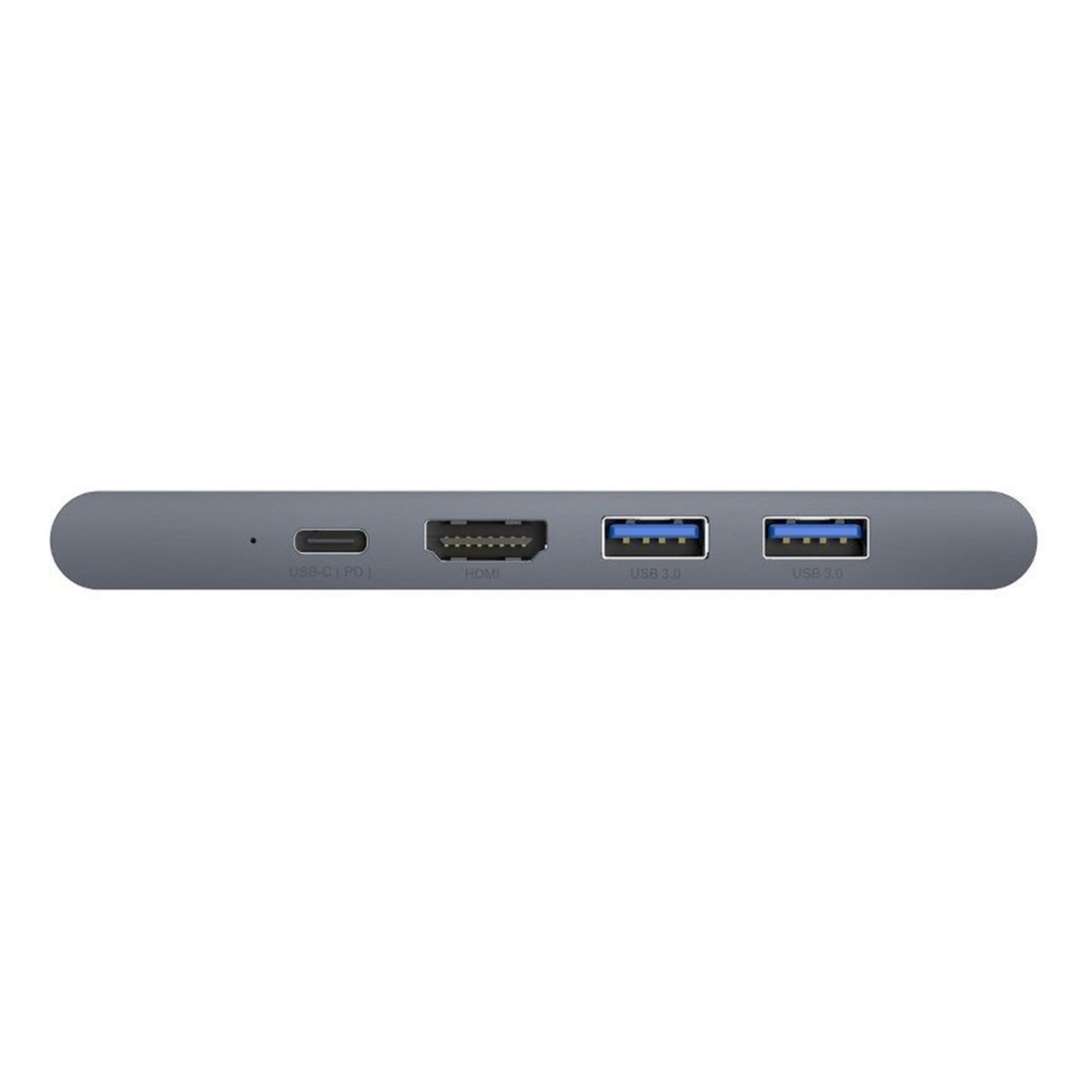 Un hub USB grigio con porte per USB-C, HDMI e USB 3.0. Si trova su una superficie bianca.