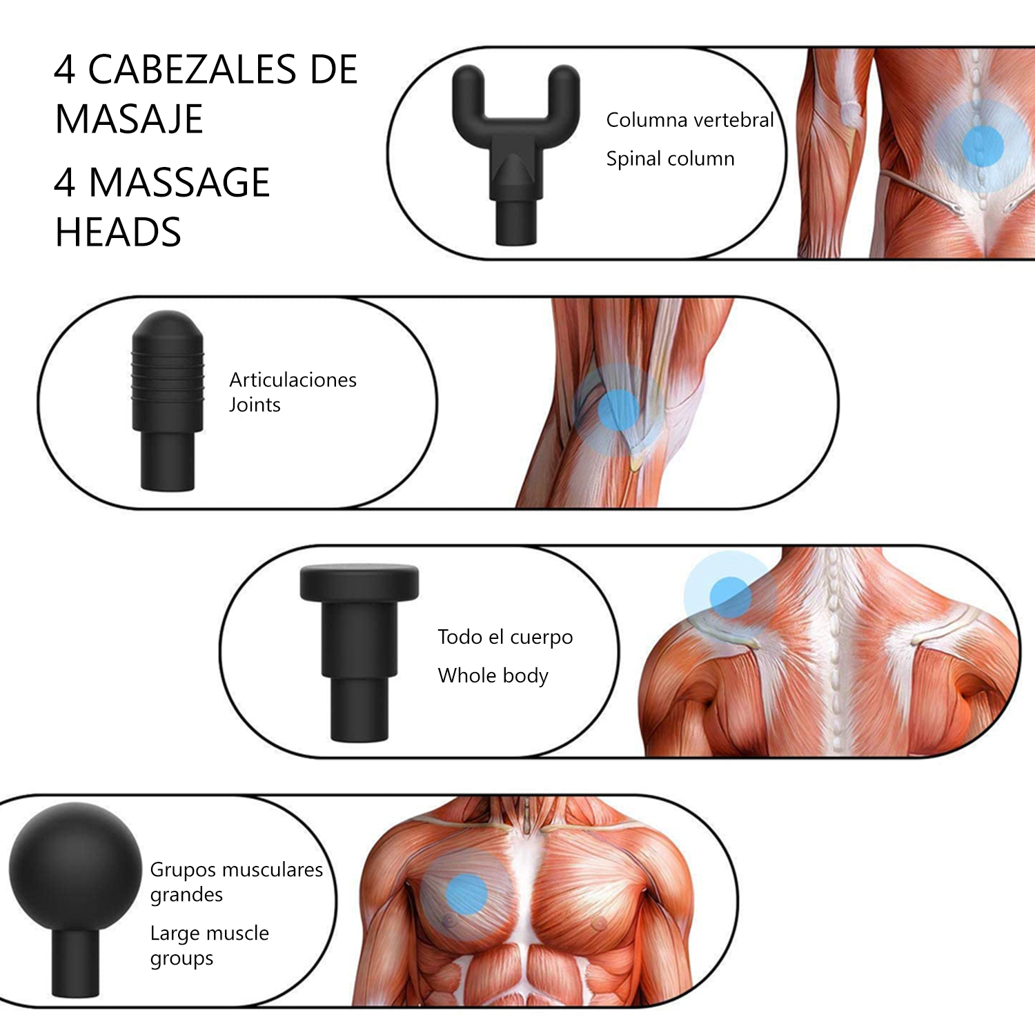 Diagrama de cabezales de masaje con partes del cuerpo. Incluye cabeza para columna vertebral, articulaciones, cuerpo entero y grupos musculares grandes.