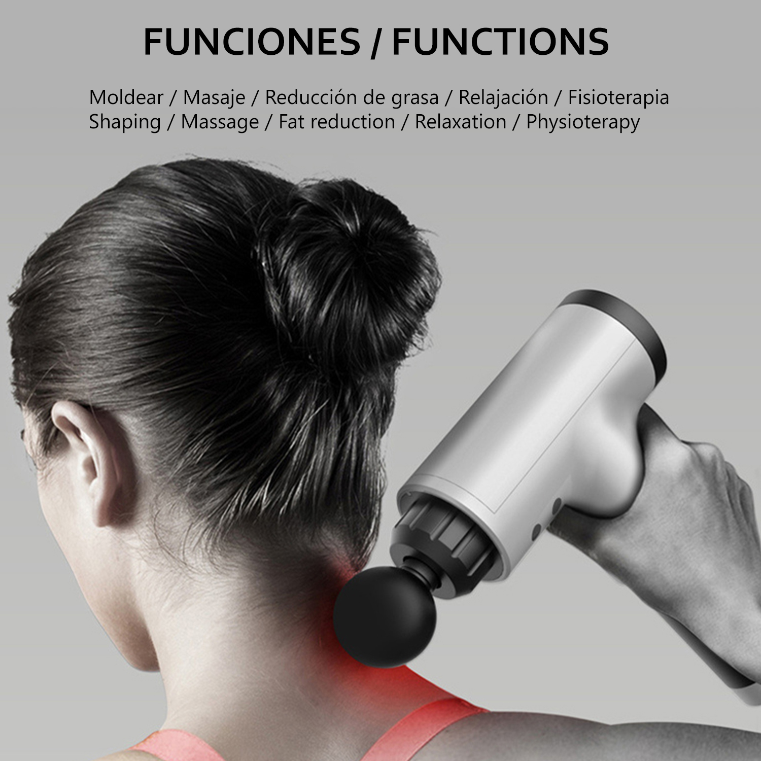 Persona usando una pistola de masaje en el cuello, funciones enumeradas.