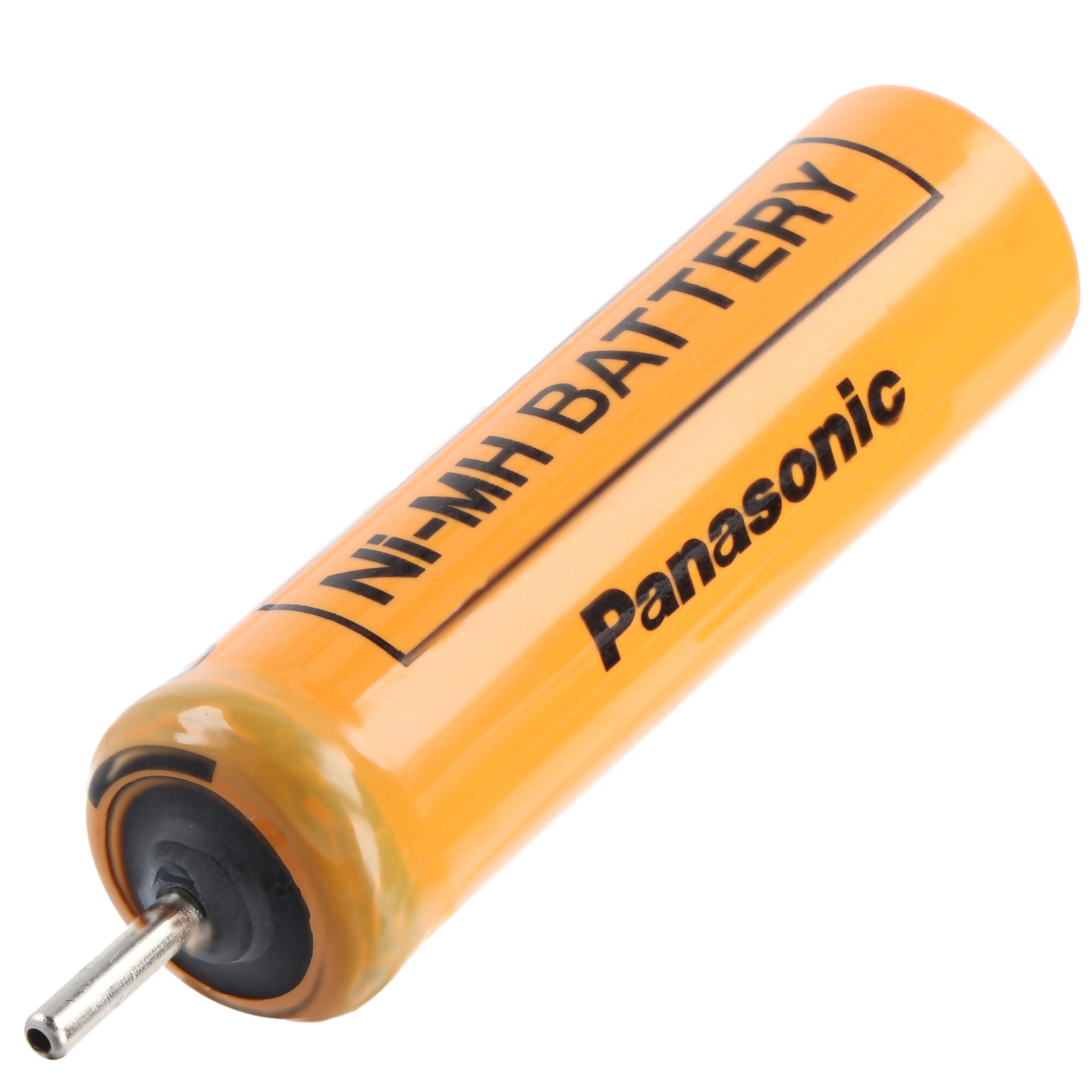 Orangefarbene Ni-MH-Batterie mit schwarzem Etikett. Panasonic-Text. Weißer Hintergrund.