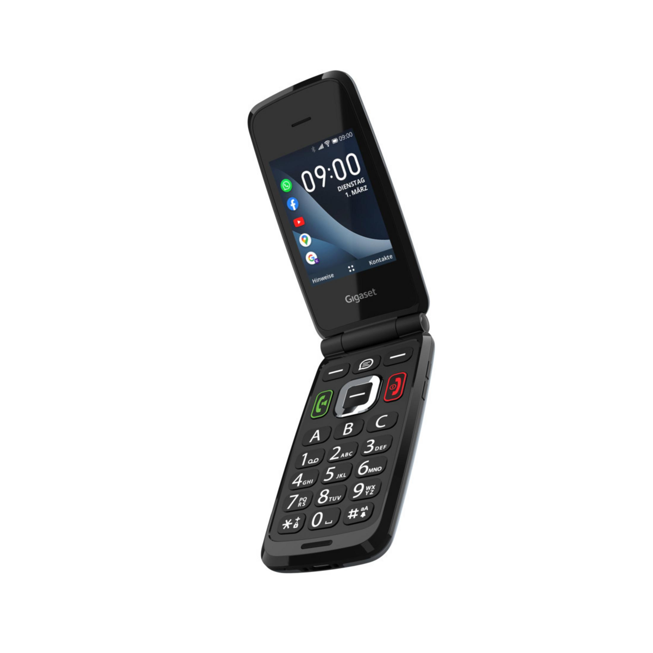 Un teléfono de concha Gigaset negro, abierto, mostrando la hora y la pantalla de inicio.