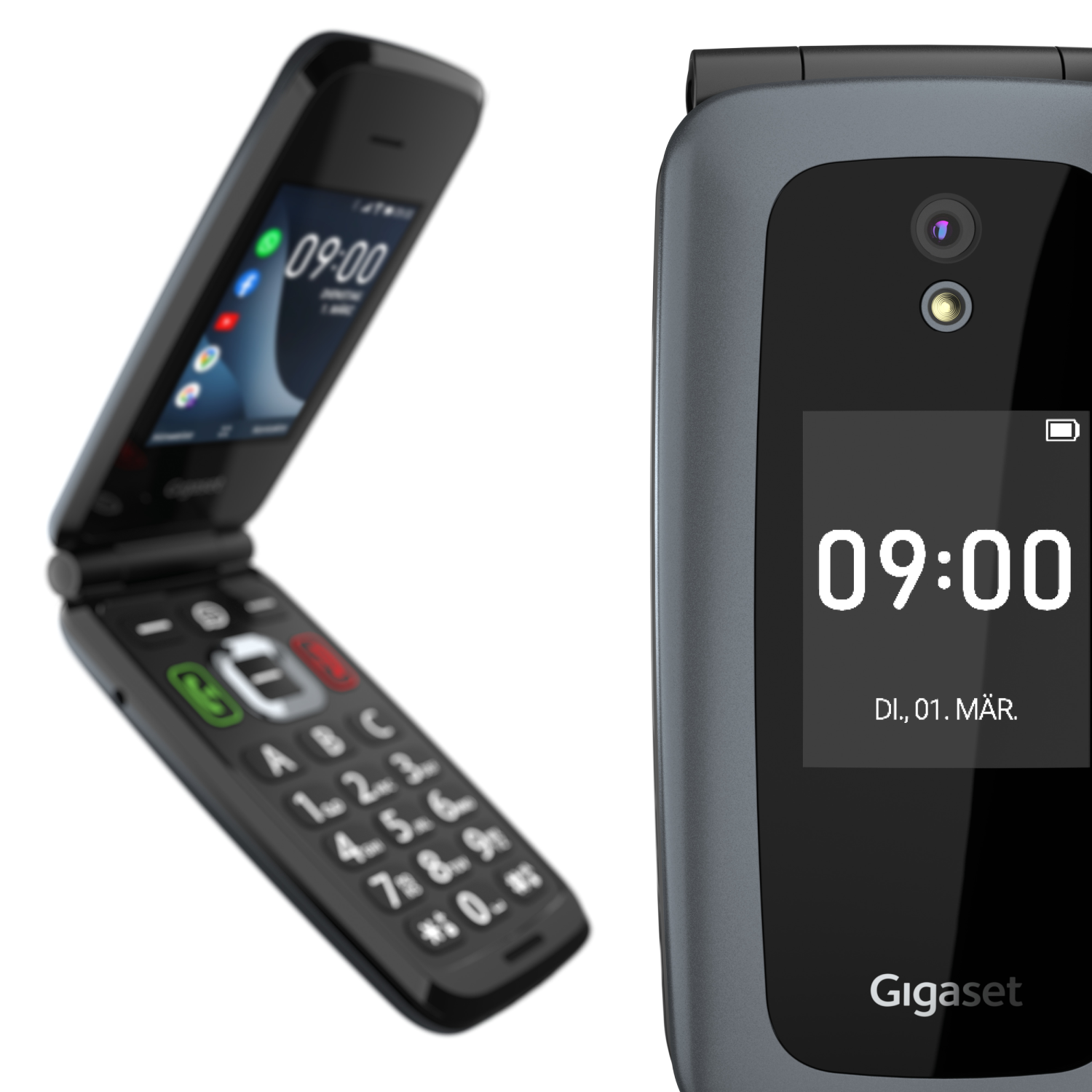 Dos vistas de un teléfono plegable Gigaset: abierto y cerrado. La pantalla muestra 09:00 y la fecha.