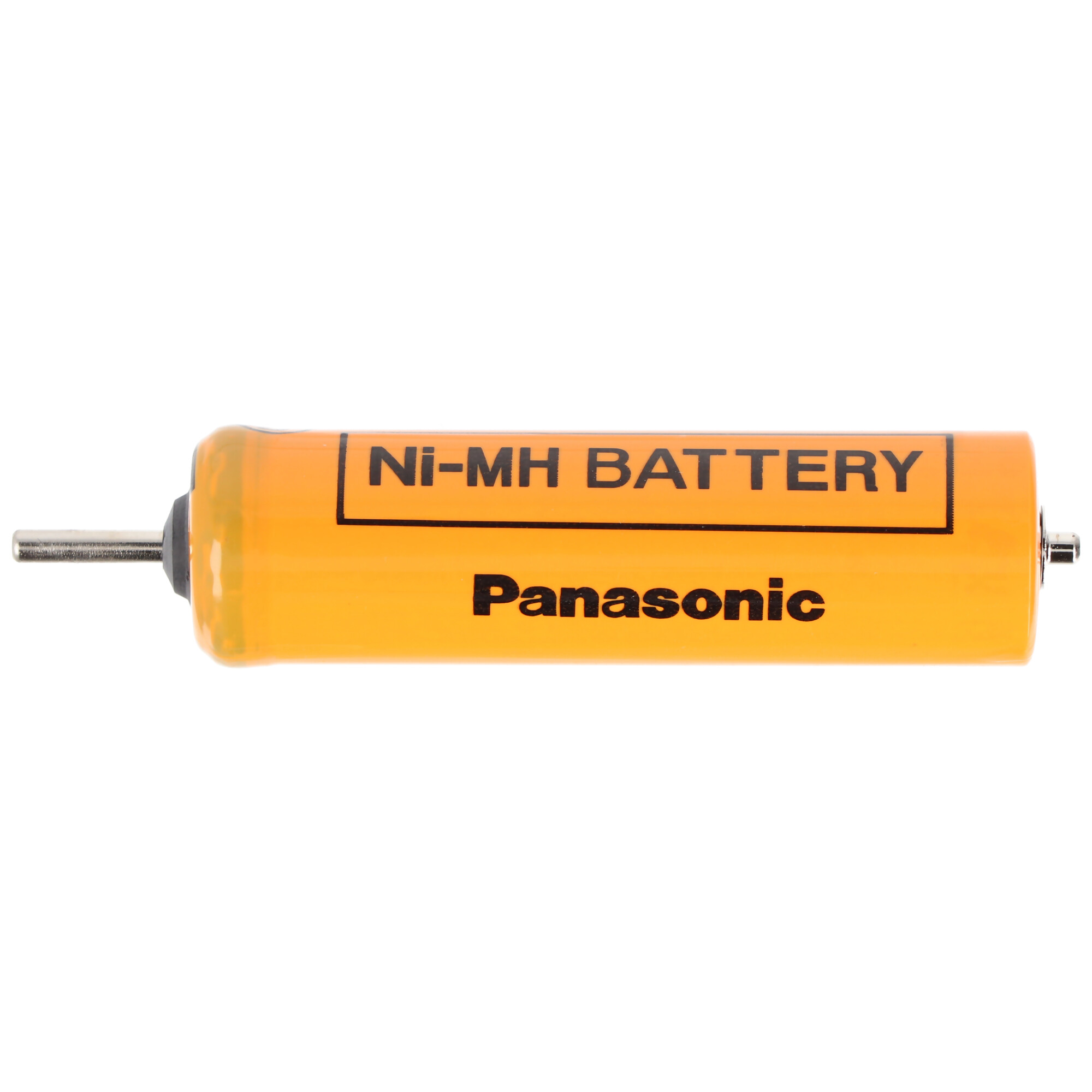 Gelbe Ni-MH-Batterie, Marke Panasonic, mit zwei Metallanschlüssen an den Enden.