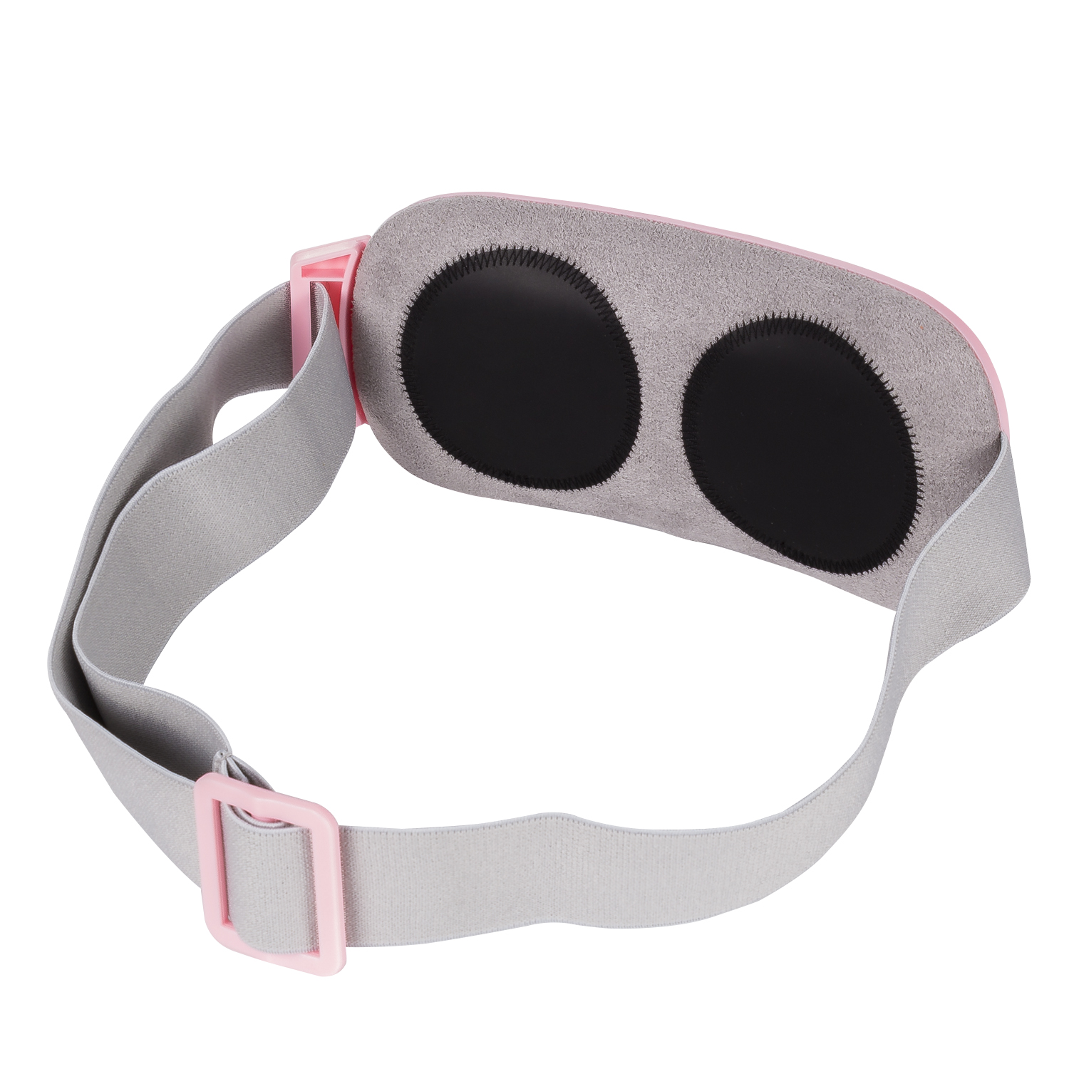 Máscara para ojos rosa y gris con dos cubiertas oculares negras, correa gris con hebilla.