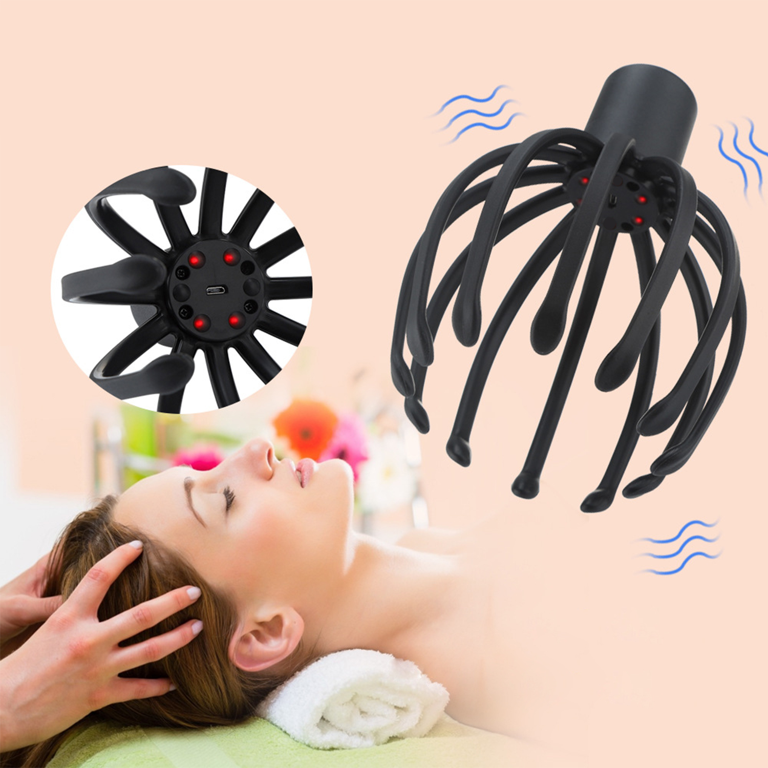 Eine Frau erhält eine Kopfmassage mit einem schwarzen Massagegerät mit mehreren Armen. Hellrosa Hintergrund.