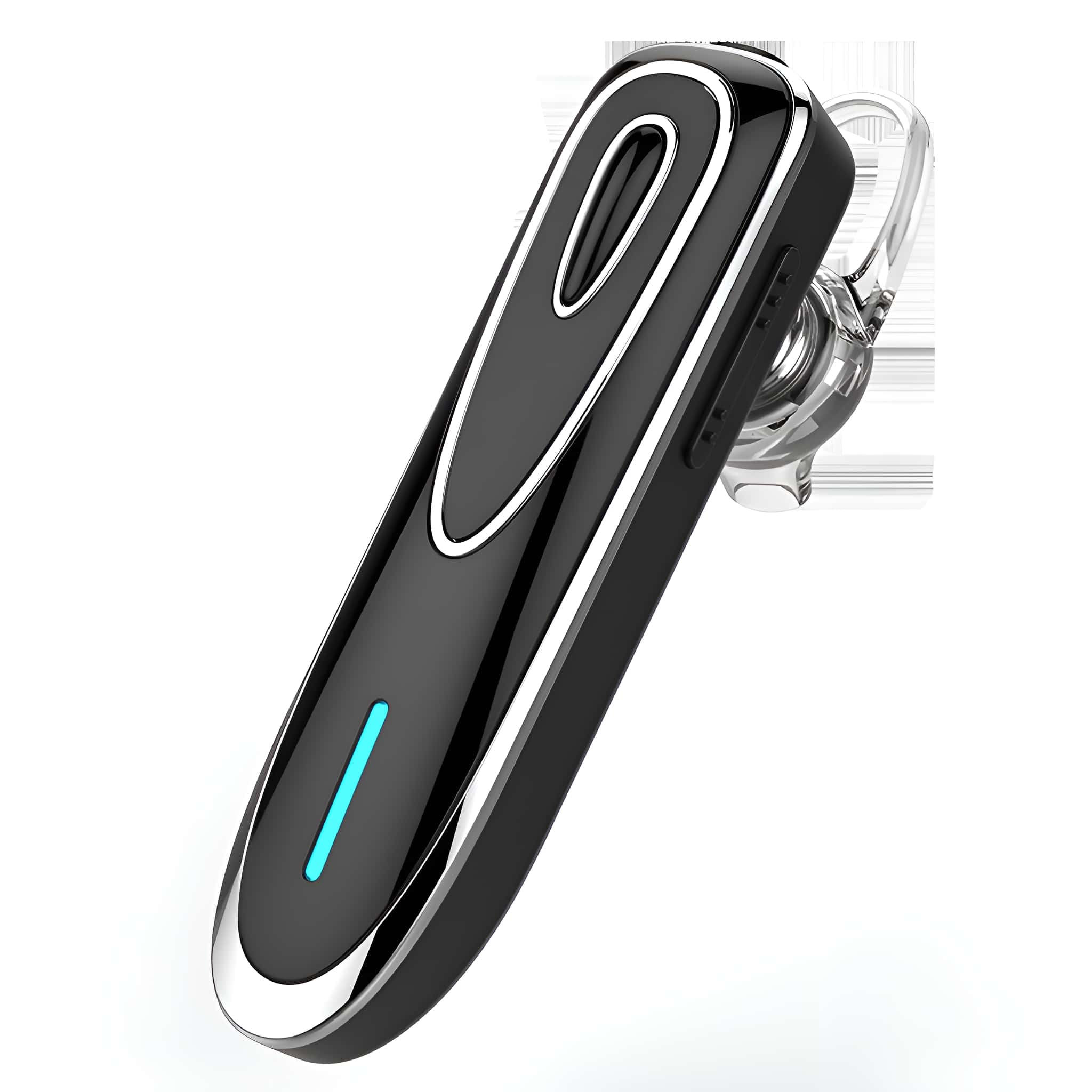 Schwarzes Bluetooth-Headset mit silberfarbener Metallic-Zierleiste. Es befindet sich auf weißem Hintergrund.