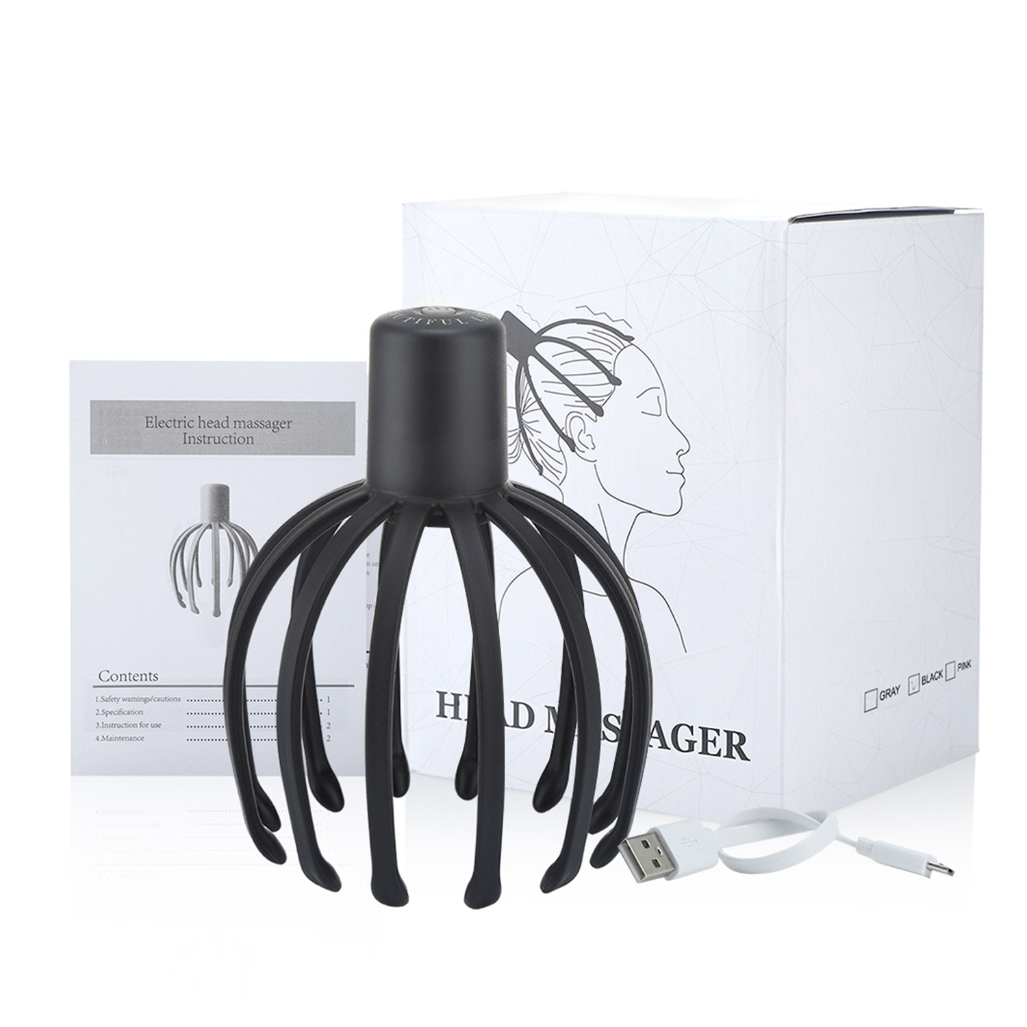 Schwarzer Kopfmassagegerät mit tentakelartigen Armen, eine weiße Box und ein Anleitungsblatt. Ein USB-Kabel liegt daneben.