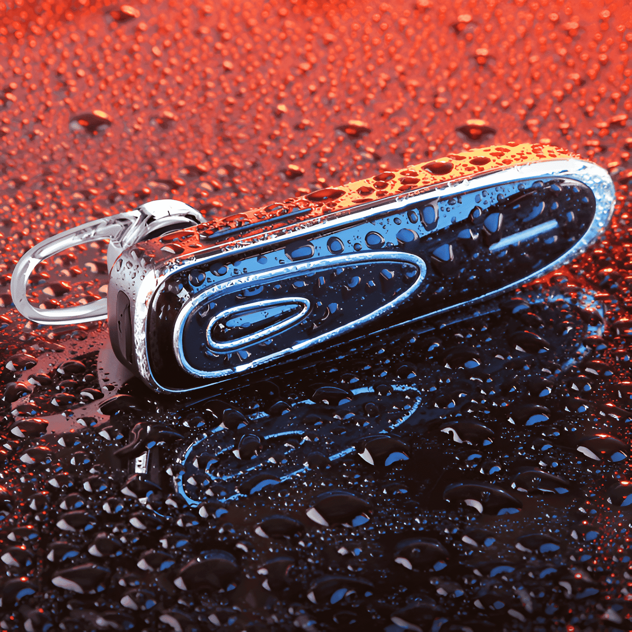 Schwarzes Bluetooth-Headset mit silberner Zierleiste auf einer wasserbedeckten Oberfläche.