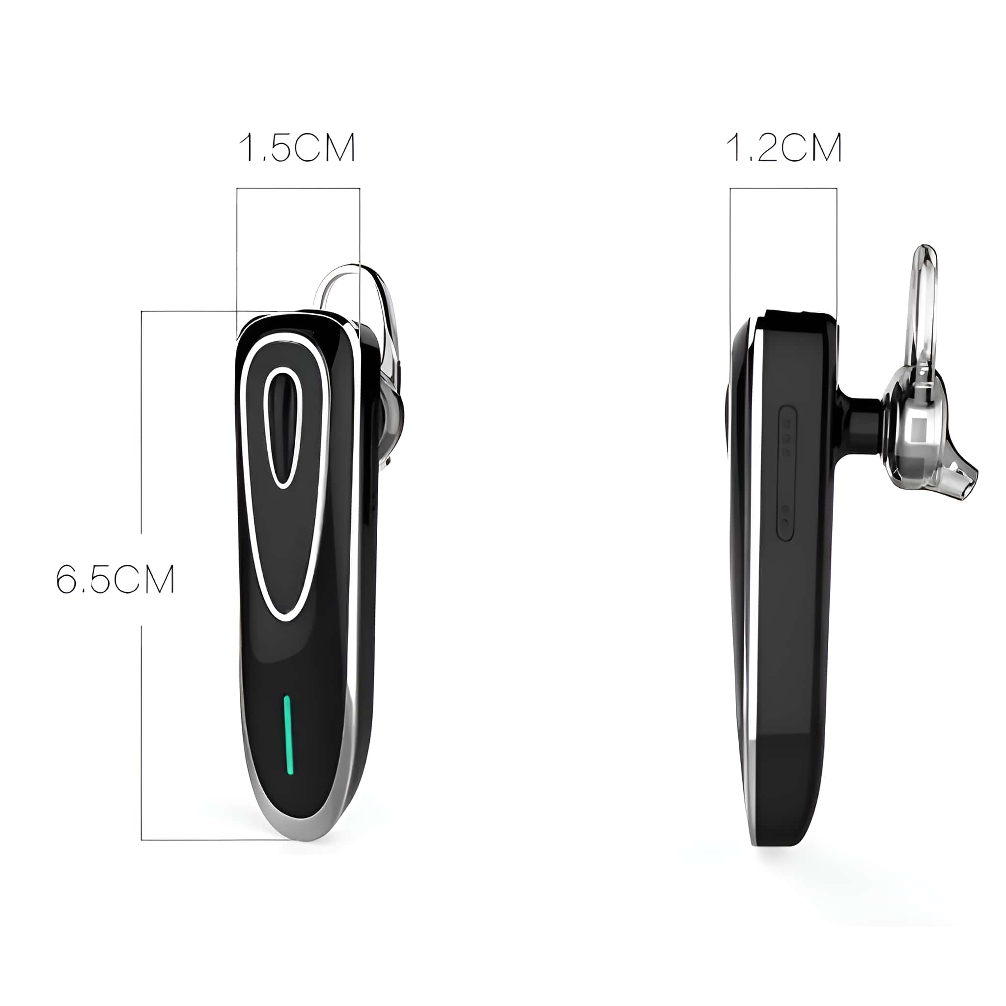 Schwarzes und silbernes Bluetooth-Headset mit Abmessungen. Das Headset befindet sich auf weißem Hintergrund.